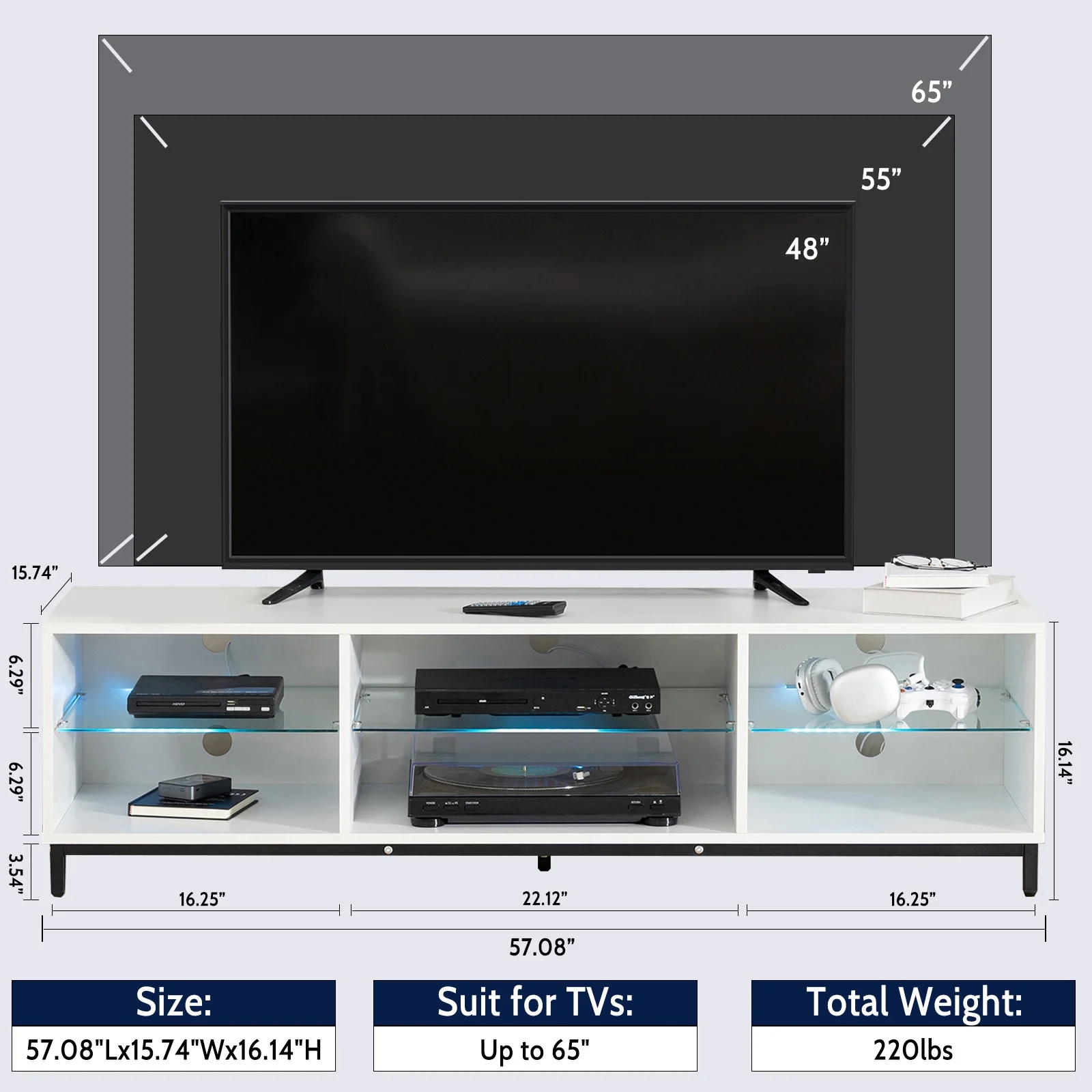 Hommpa TV Stand for 65' TV Modern White Entertainment Center with LED Lights Media Console Cabinet with Open Glass Storage Shelves for Gaming Living Room