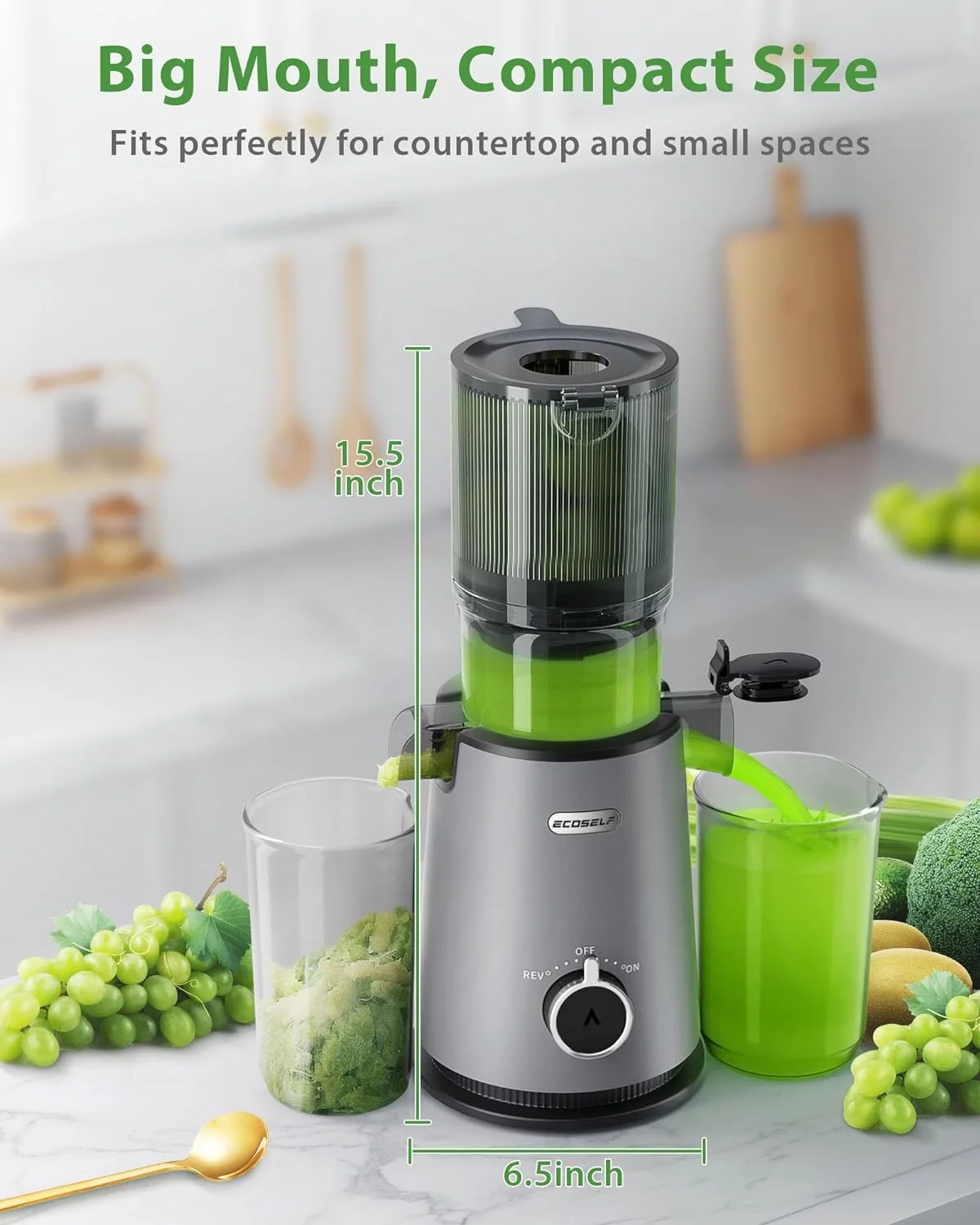 Juicer Machine with 4.35' Wide Mouth, ECOSELF Cold Press Juicer Machine for Fruits and Vegetables, Slow Masticating Juicer Whole Fruit Juice Maker, High Juice Yield, Easy to Clean with Brush, Gray