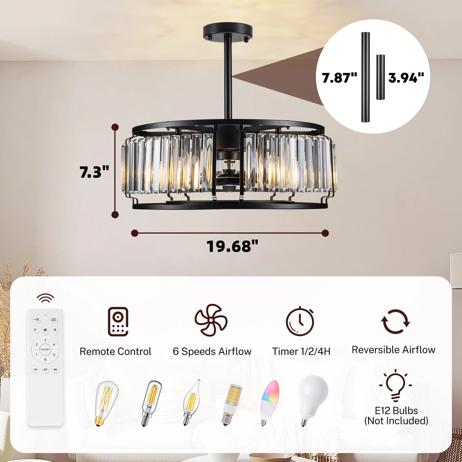Ceiling Fan with Light and Remote Control, 20 inch Crystal Flush Mount Ceiling Fans with Lights, Rustic Vintage Low Profile Ceiling Fan Outdoor Ceiling Fans for Kitchen Bedroom Dining Room