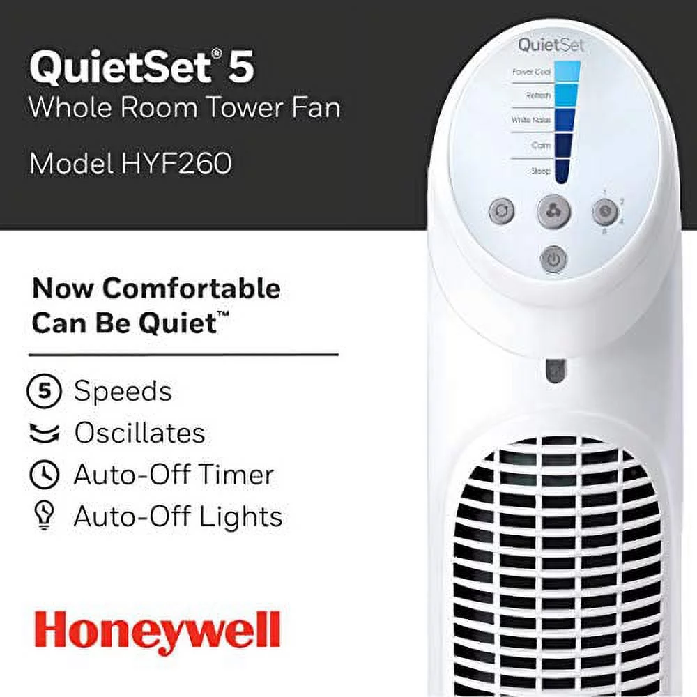 Honeywell HYF260 Quiet Set Whole Room Tower Fan, White
