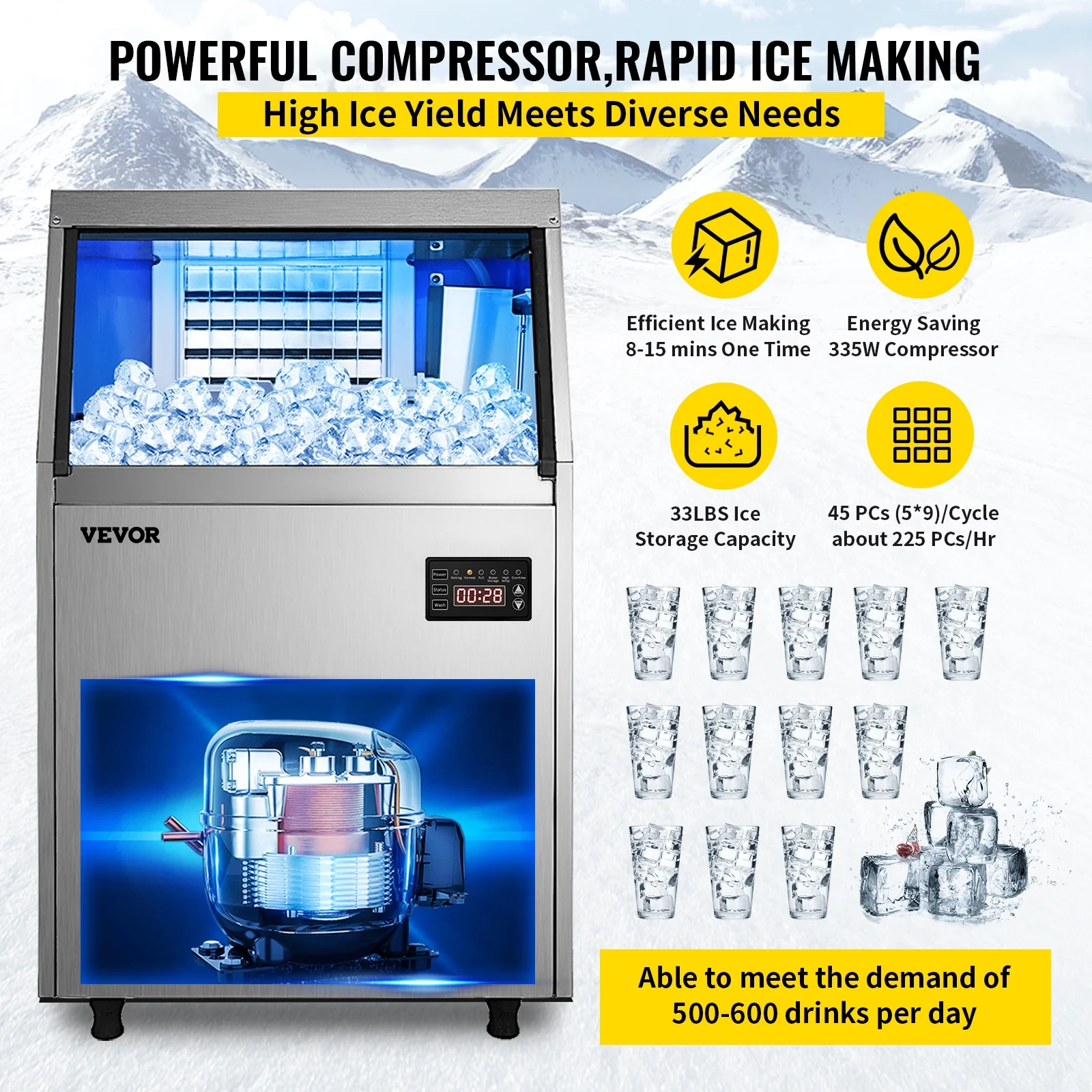 BENTISM 110V Commercial Ice Maker 120-130lbs/24H with 33lbs Bin, Full Heavy Duty Stainless Steel Construction, Automatic Operation