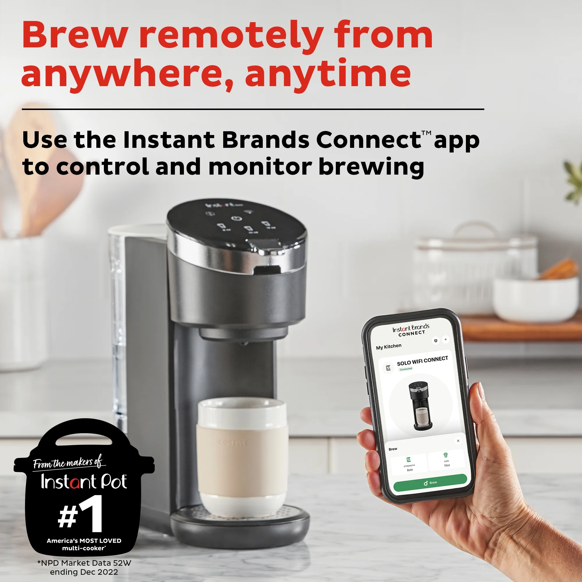 Instant Solo Single Serve Coffee Maker with WiFi Connection and Customizable Brew Strength, 40 oz Water Reservoir, Black