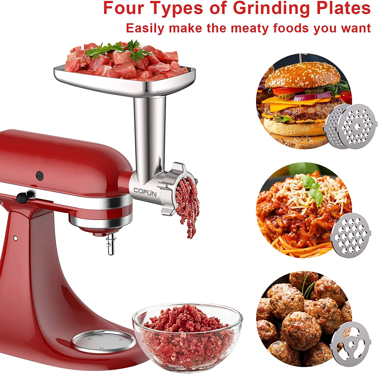 Cofun Meat Grinder & Slicer Shredder Attachments for KitchenAid Stand Mixer with Food Pusher