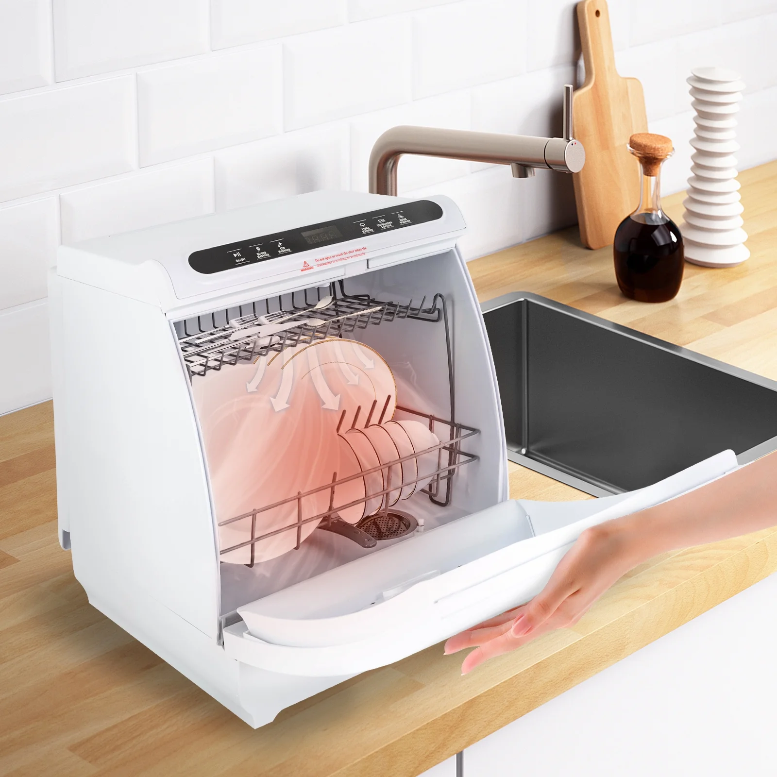 Aiqidi Portable Countertop Dishwasher, 900W White Compact Dish Washing Machine 360�� 5 Washing Programs Drying Dish Washer Set