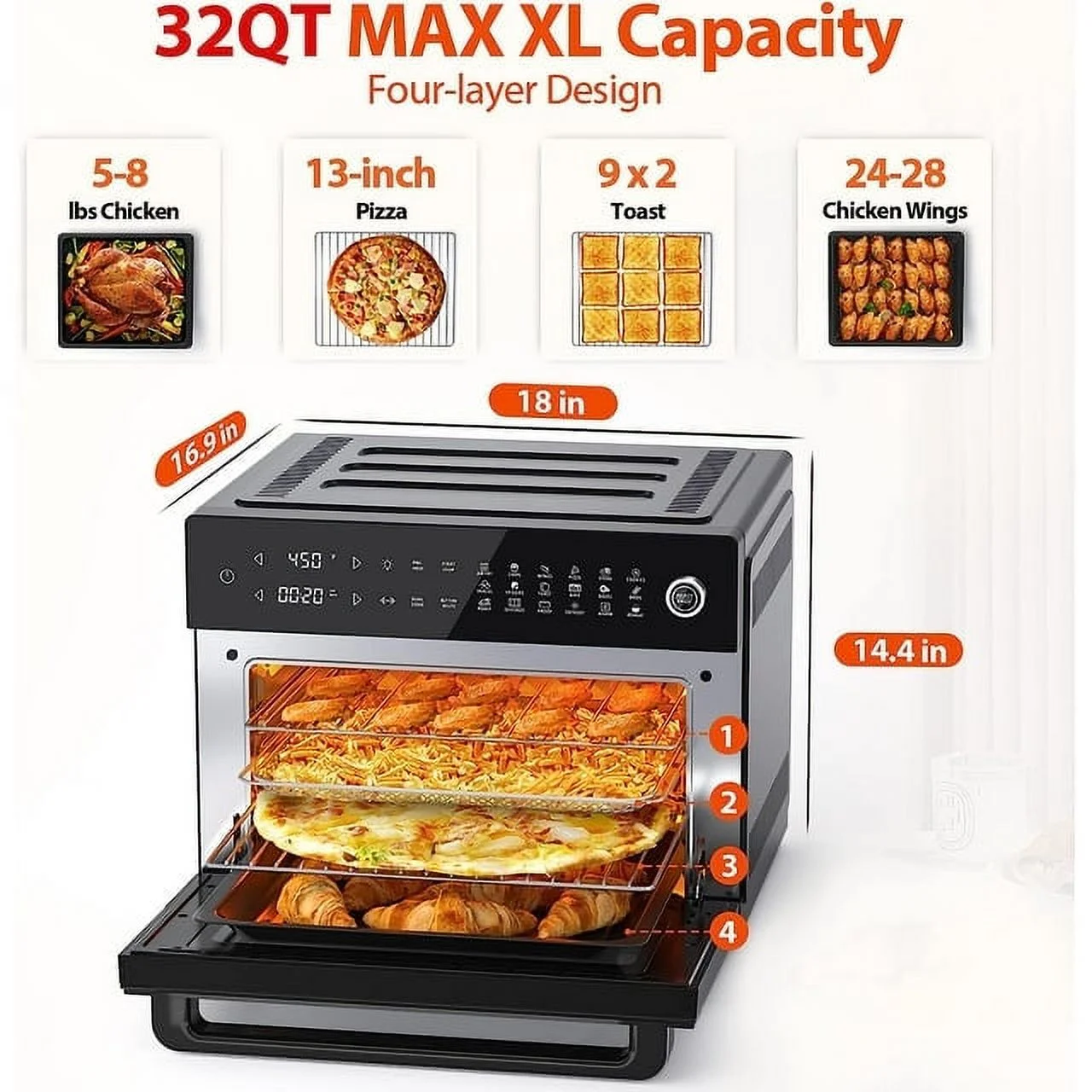 Aeitto?32-Quart PRO Large Air Fryer Oven| Toaster Oven Combo | with Rotisserie, Dehydrator and Full Accessories | 19-In-1 Digital Airfryer | Fit 13' Pizza, 9pcs Toast, 1800w, Black
