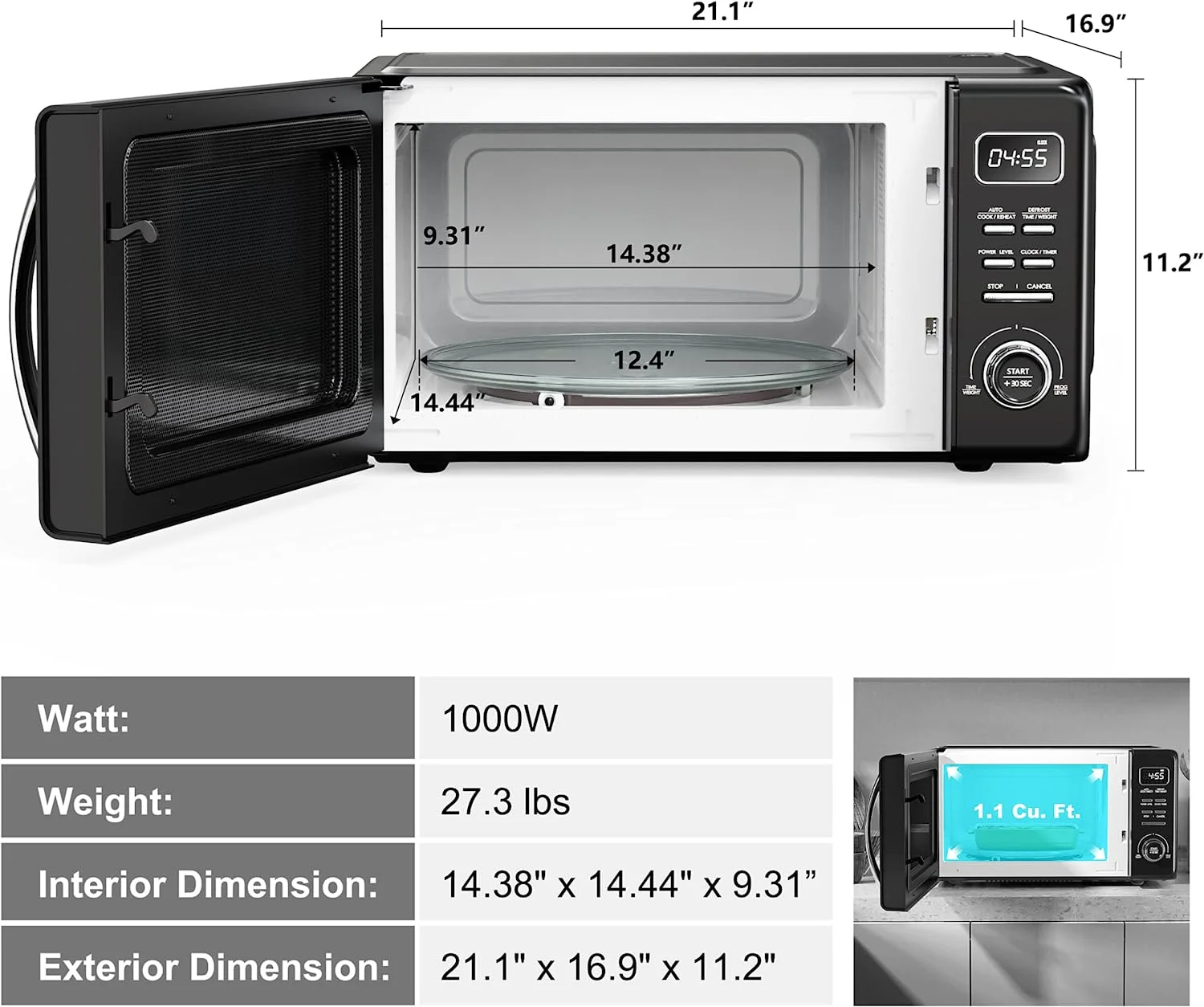 Galanz Retro Countertop Microwave Oven with Auto Cook & Reheat, Defrost, Quick Start Functions, Easy Clean with Glass Turntable, Pull Handle, 1.1 cu ft, Black