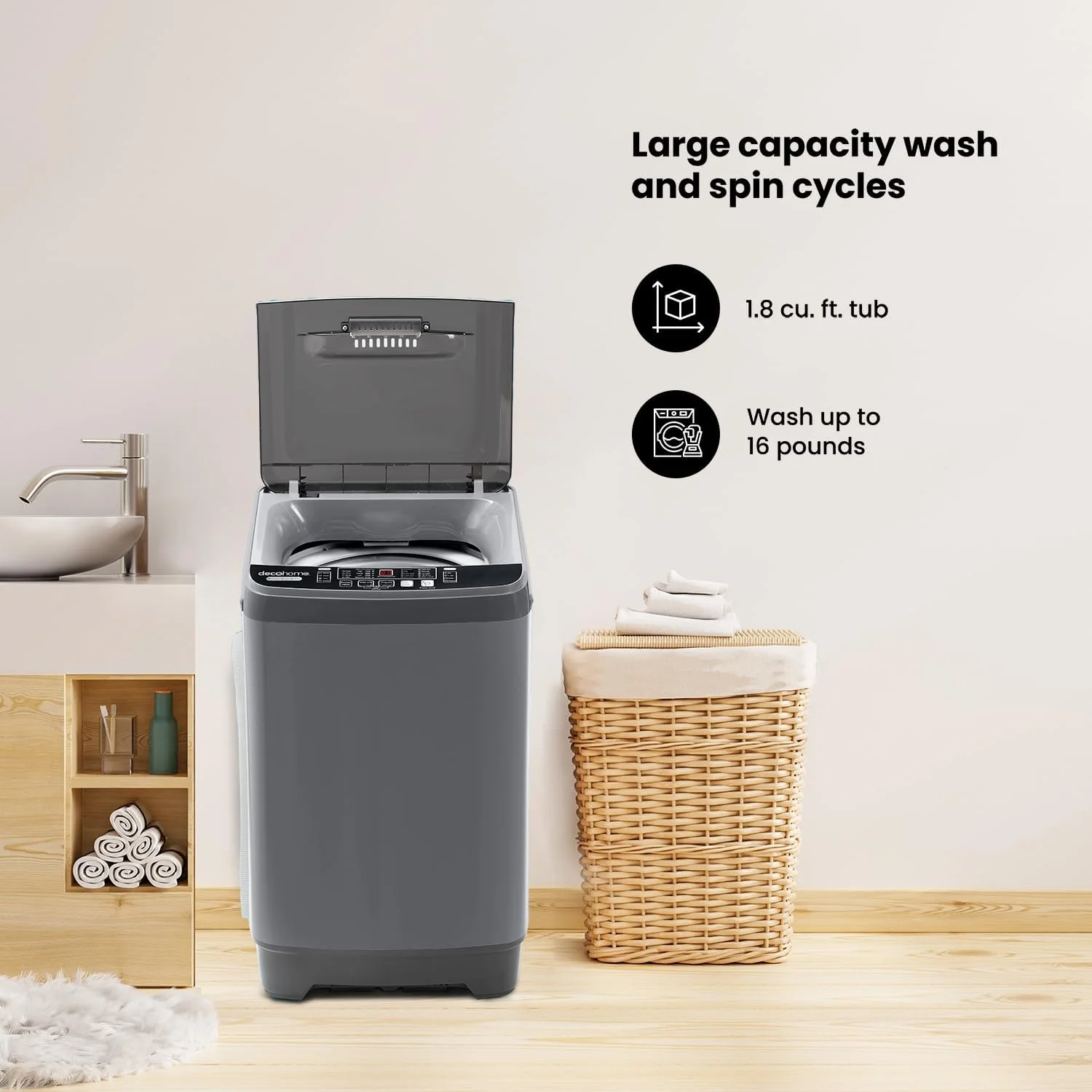 Fully Automatic Portable Washing Machine, 1.8 cu. ft., 16lb Capacity, 10 Smart Cleaning Programs, Water Inlet and Drain Pump
