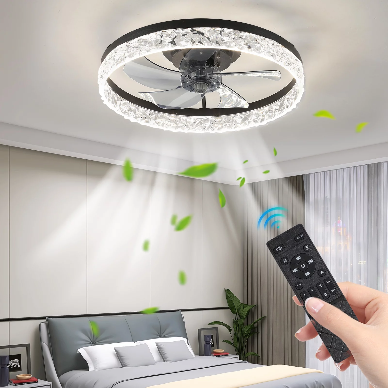 Aukfa 19.7' Bladeless Ceiling Fan with Light - Flush Mount Design - Remote Controlled - Adjustable LED Lights - Multiple Speed Settings
