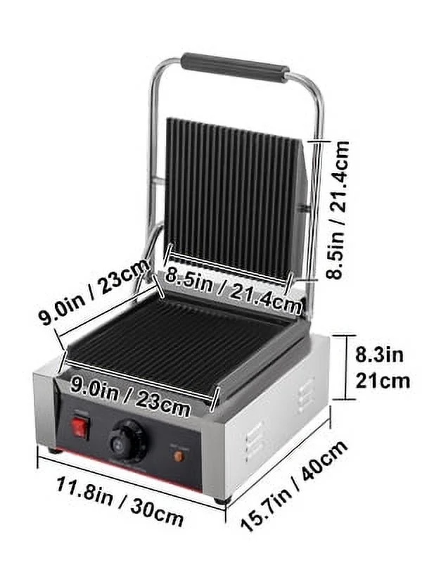 BENTISM 110V Commercial Sandwich Press Grill 1800W Electric Panini Maker Non-Stick 122��F-572��F Temp Control Full Grooved Plates for Hamburgers Steaks