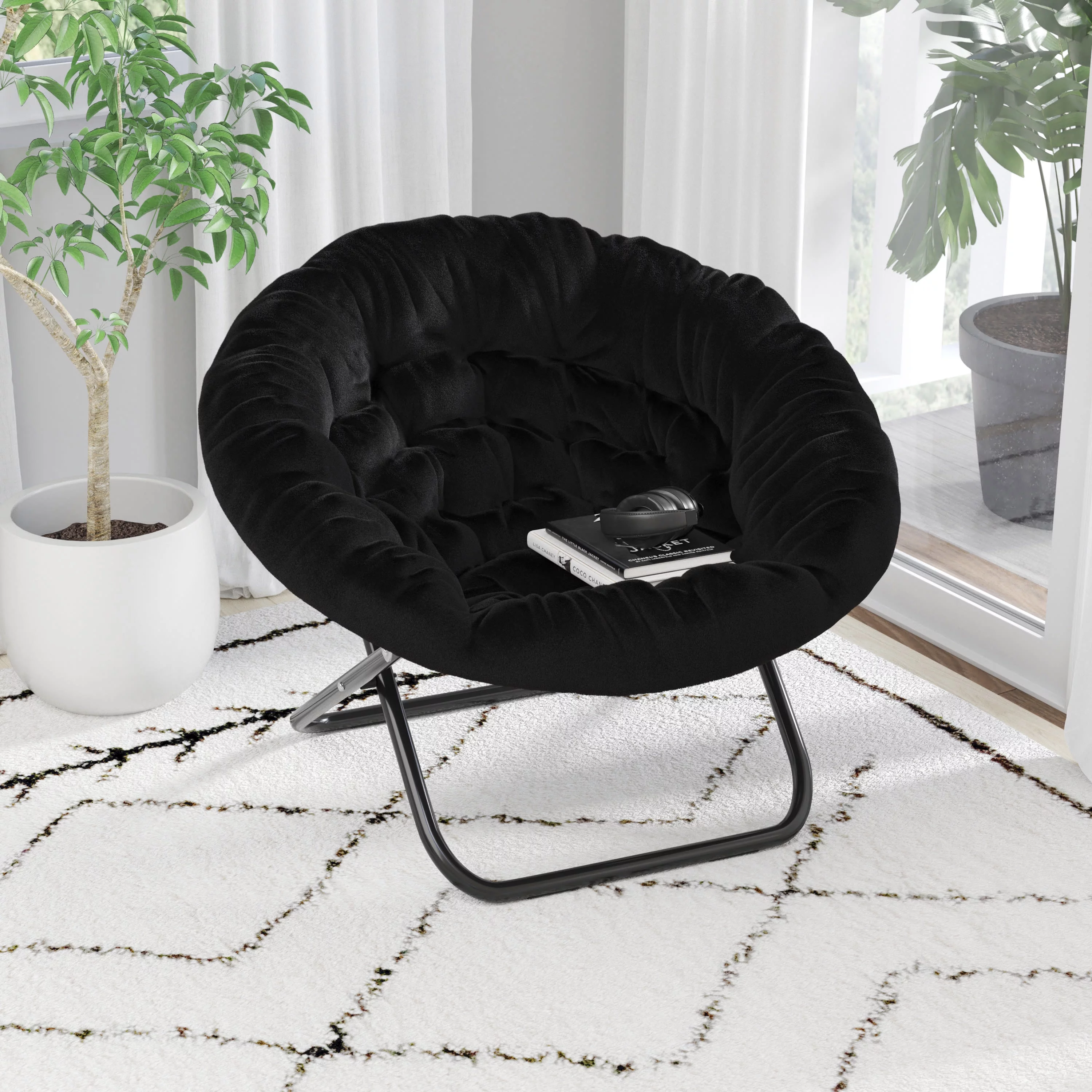 Flash Furniture Gwen 38' Oversize Portable Faux Fur Folding Saucer Moon Chair for Dorm and Bedroom, Black Faux Fur/Black Frame