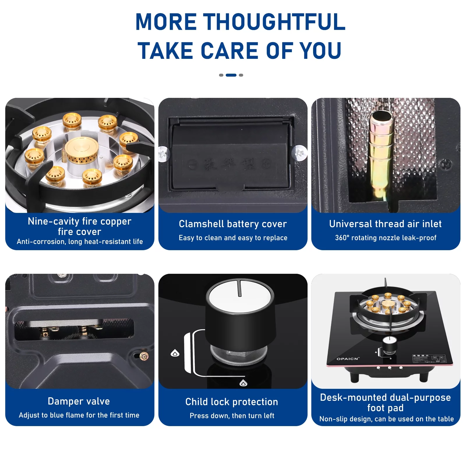 Jadeshay Nine-cavity Single Burner Gas Stove, 7.2Kw Power Adjustable Fire Tempered Glass Cooker Kitchen Cooktop