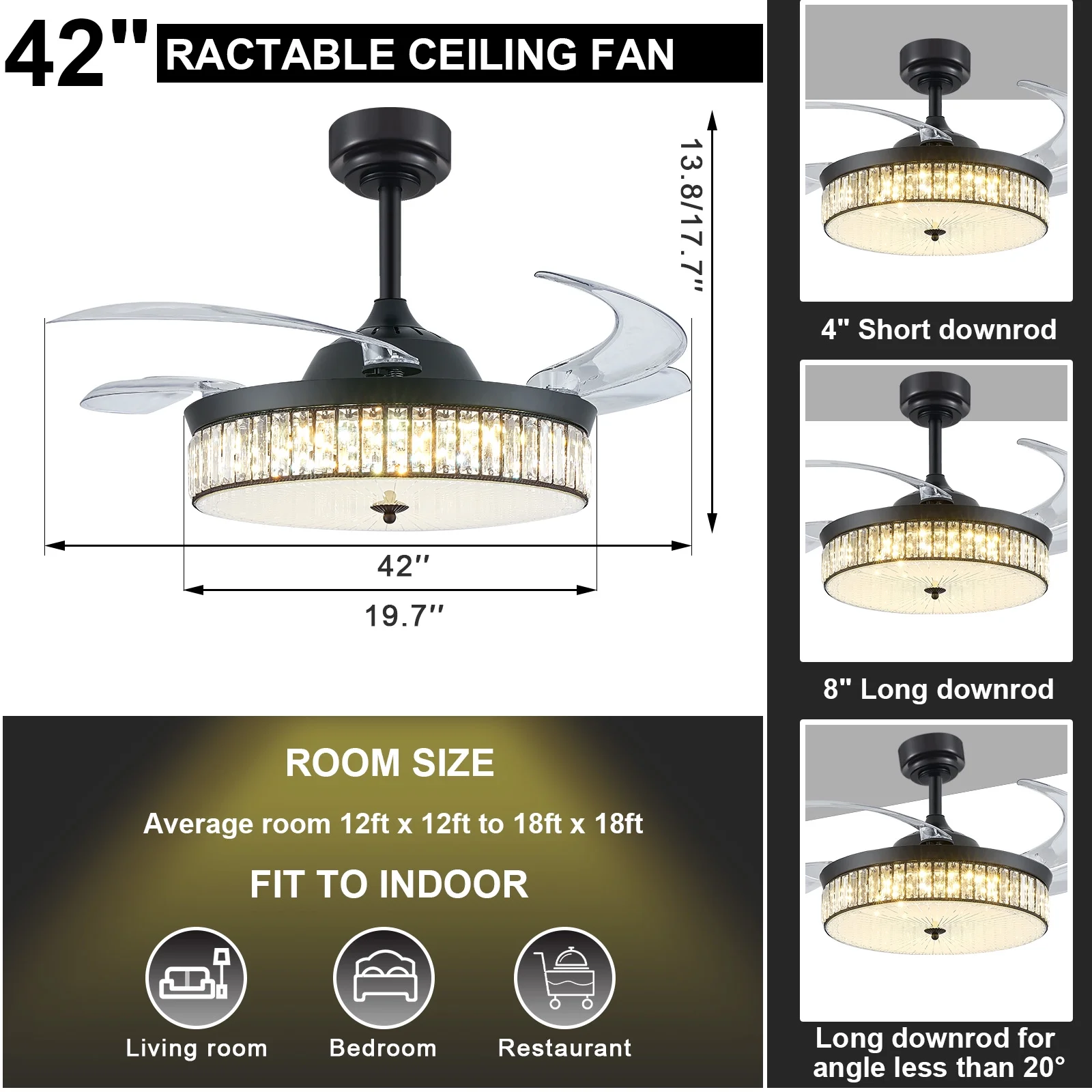 KAPOEFAN 42 inch Retractable Ceiling Fan with Lights and Remote,Fandelier Crystal Fan with Retractable 4 Blades Memory Dimmable LED