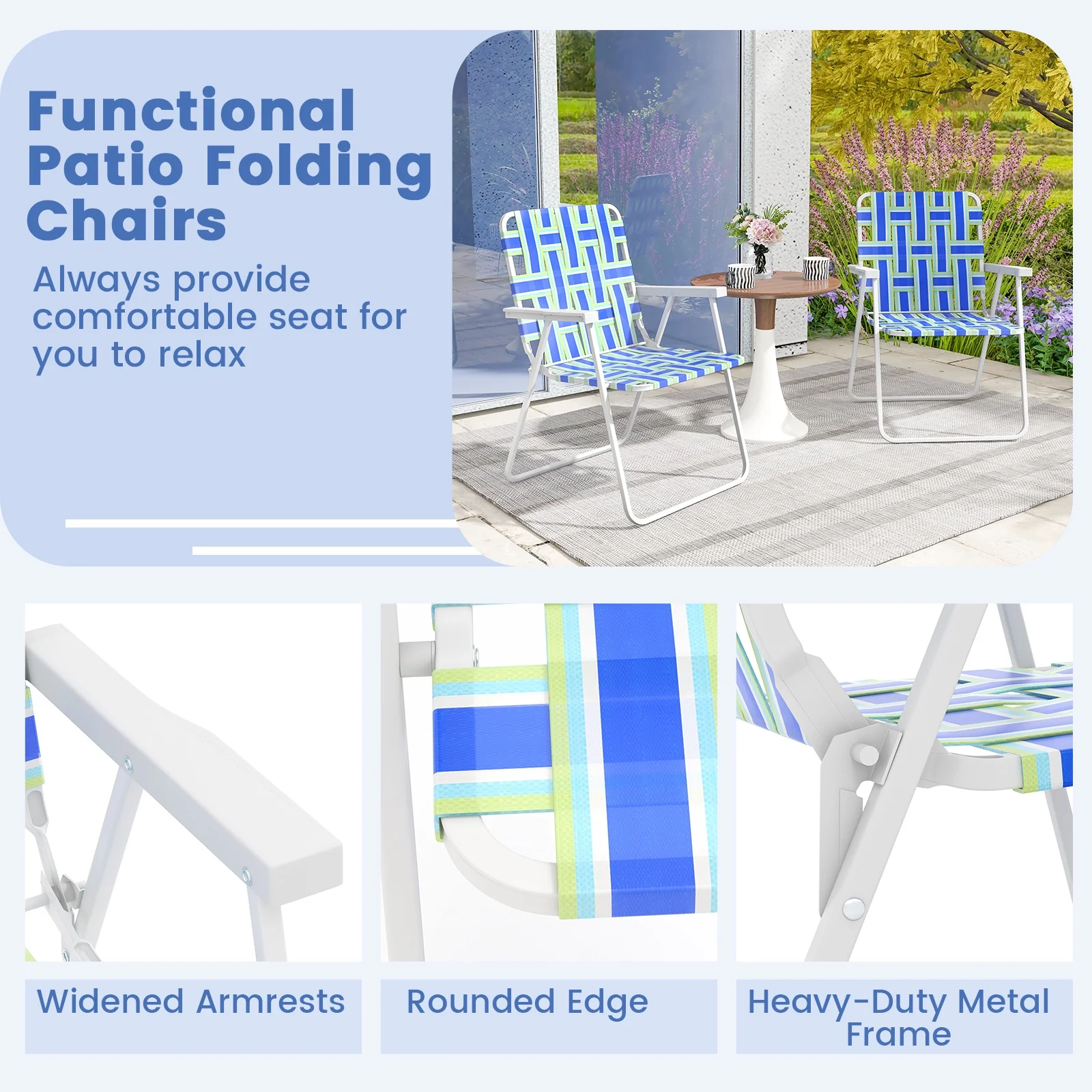 Costway 2PCS Folding Beach Chair Camping Lawn Webbing Chair Lightweight 1 Position Blue