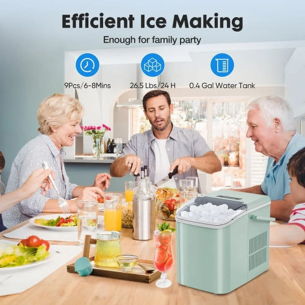 Cergrey Portable Home Use Ice Maker, 9Pcs/6-8mins & 26.5Lbs/24H, Cubic Ice, Low Noise, Green