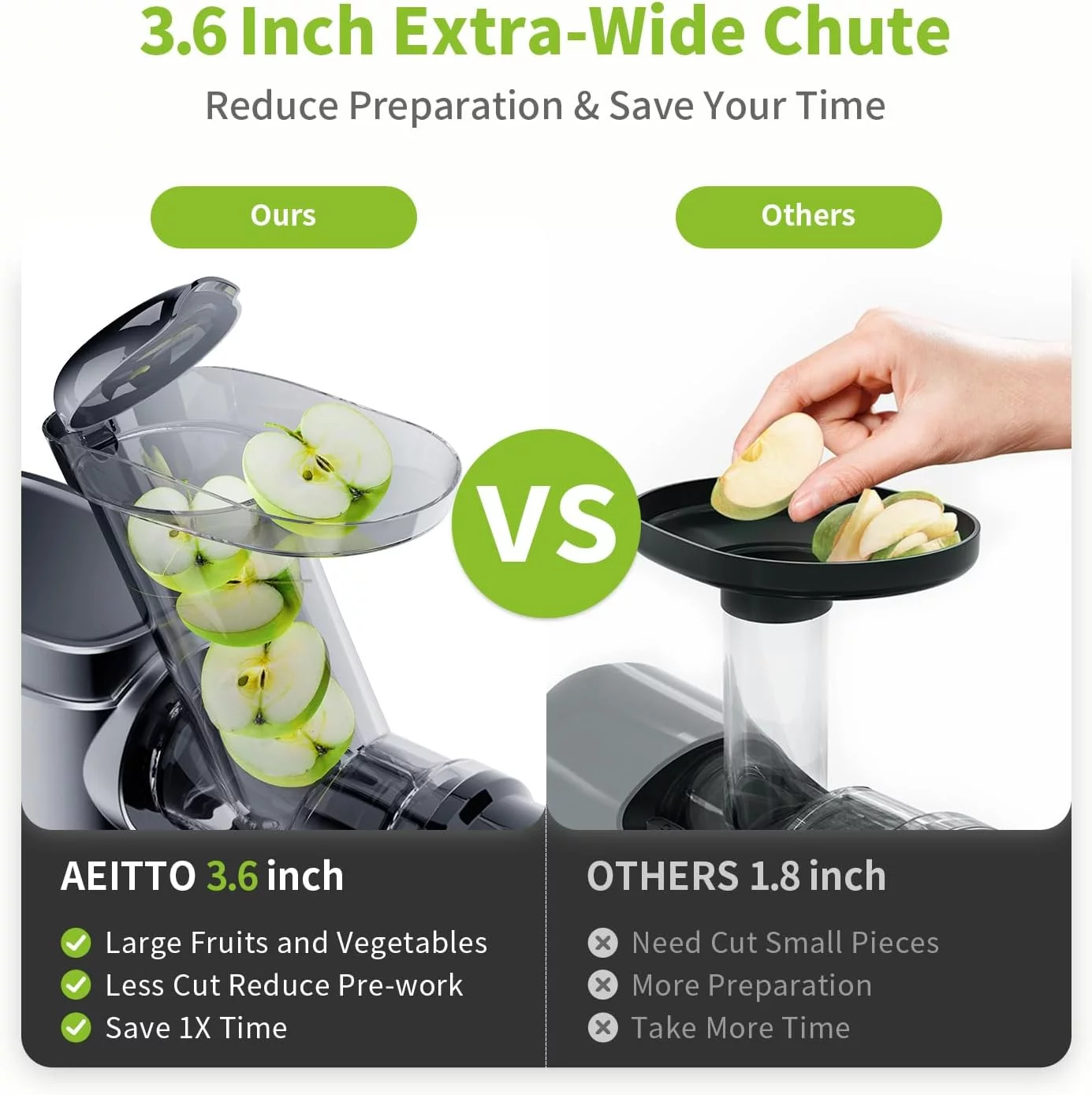 Aeitto Masticating Juicer, Slow Juicer with 3.6 Inch Wide Chute, Cold Press Juicer Machine for Fruits and Vegetables, Juiver with 2-Speed Modes&Reverse Function, High Juice Yield | Easy to Clean,Green
