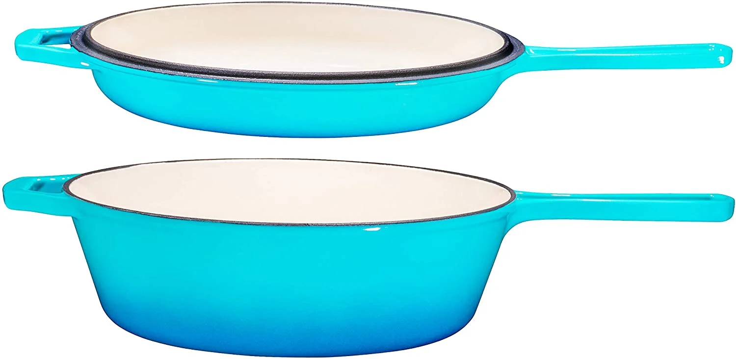 Bruntmor 2-in-1 Enamel Cast Iron Dutch Oven and Skillet | 3 Quart | Caribbean Blue | All-in-One Cookware