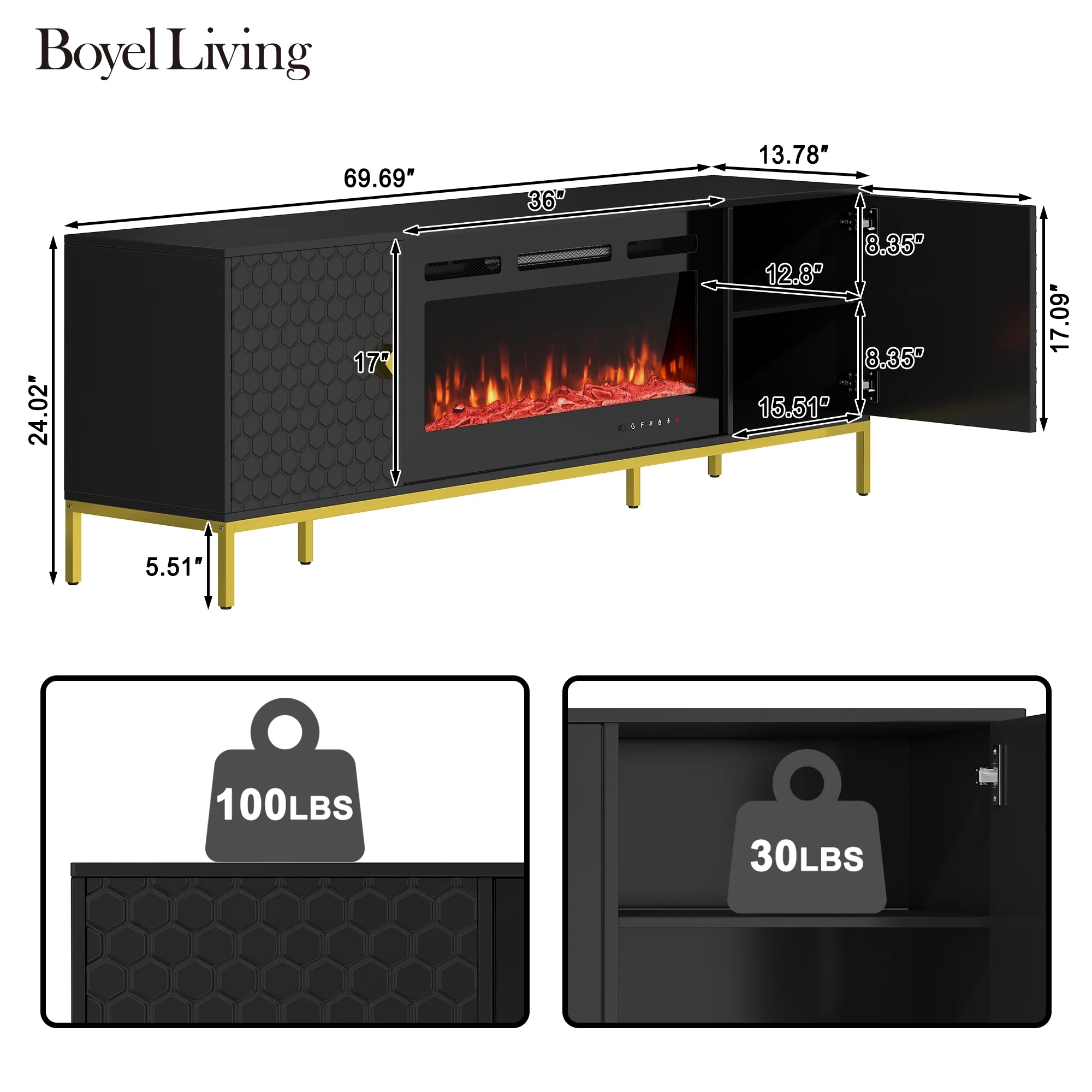 Boyel Living Fireplace TV Stand for TVs up to 80