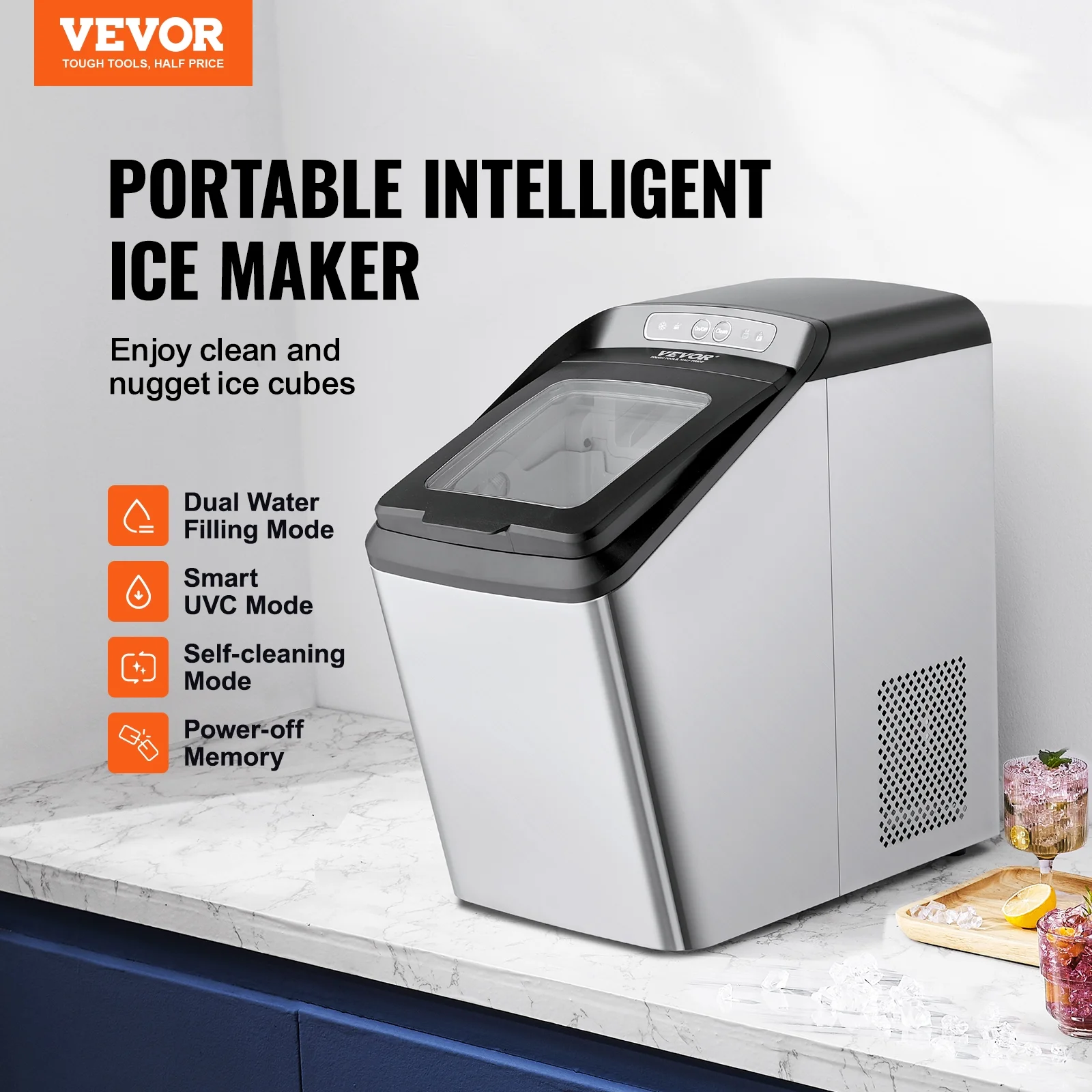 BENTISM Portable Countertop Ice Maker 30lbs/24H,2 Ways to Water Inlet Self-Cleaning with UV Function,Ice Maker with 2 Sizes Bullet Ice