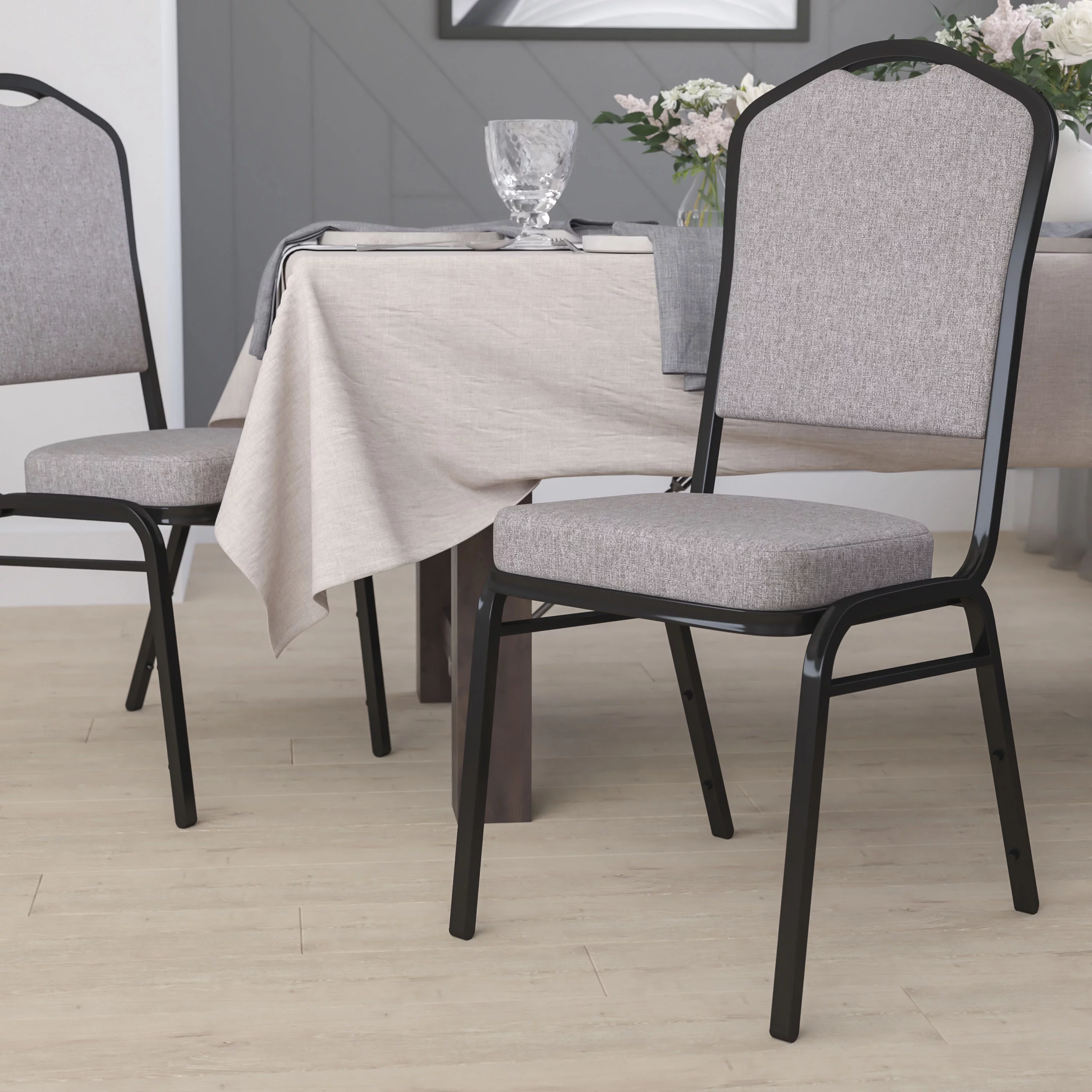 Flash Furniture HERCULES Series Crown Back Stacking Banquet Chair in Gray Fabric - Black Frame