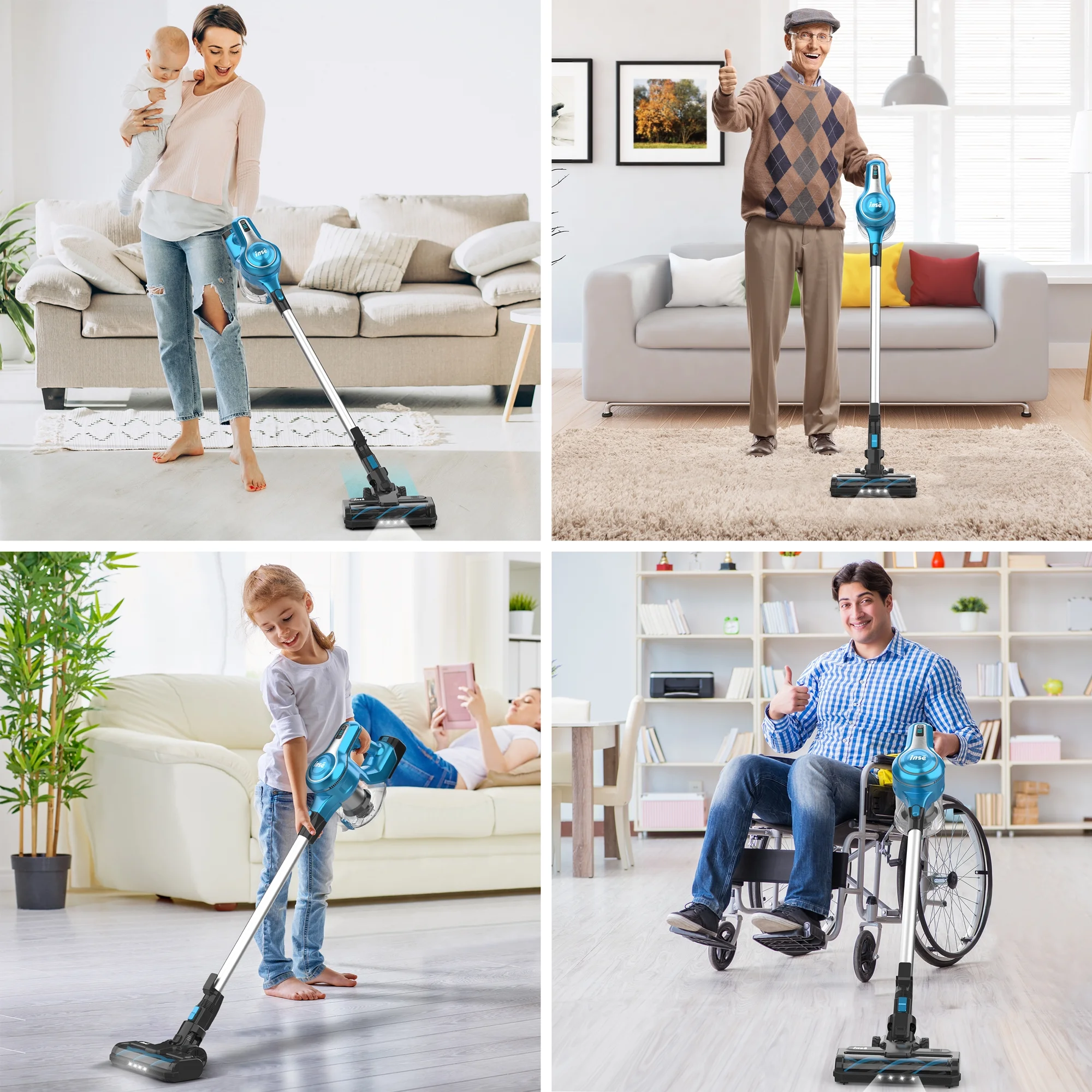 INSE 30Kpa 300W Cordless Vacuum Cleaner with 2 Batteries,Rechargeable Brushless Stick Vacuum for 90mins Runtime 10-in-1 Lightweight Powerful Cordless Vacuum for Carpet Hard Floor Pet Hair