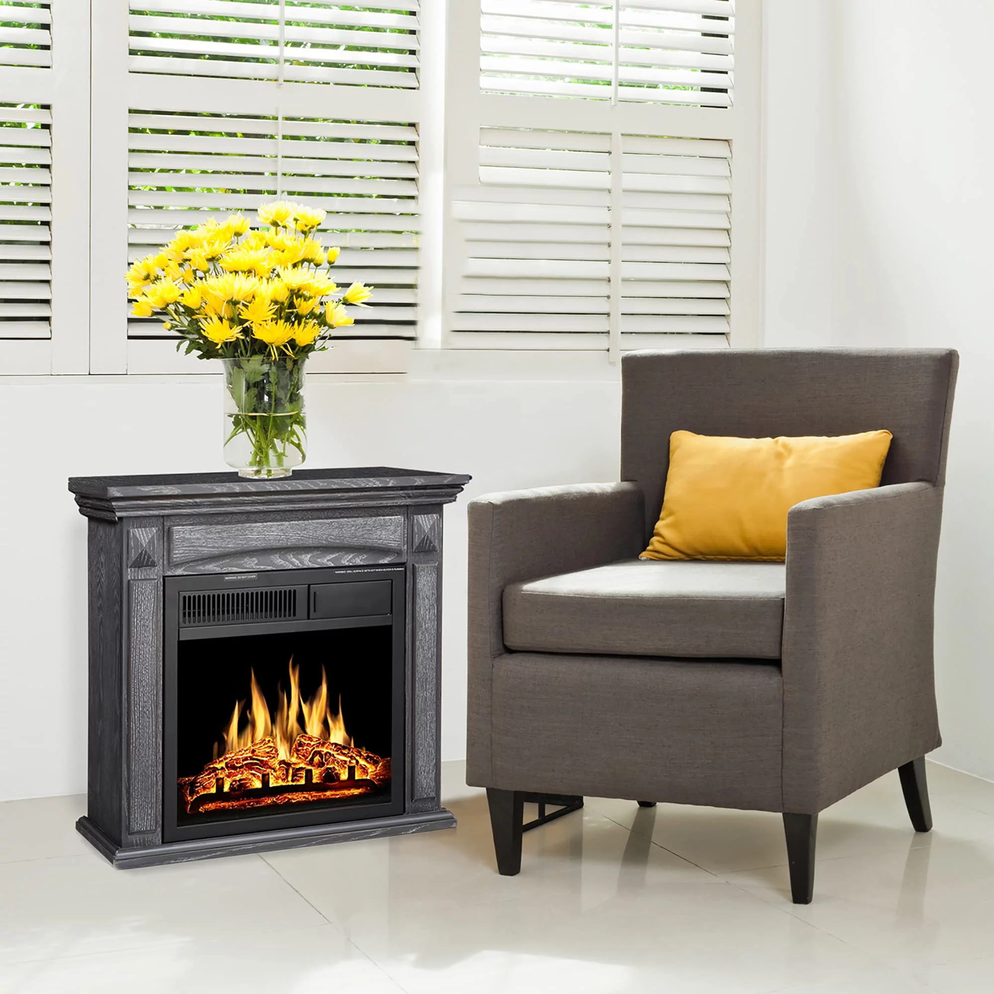 Auseo 26' Mantel Electric Fireplace Heater Small Freestanding Infrared Quartz Fireplace Stove Heater w/Log Hearth& Wood Surround Firebox, Adjustable Led Flame, Remote Control,750W-1500W, (Gray)