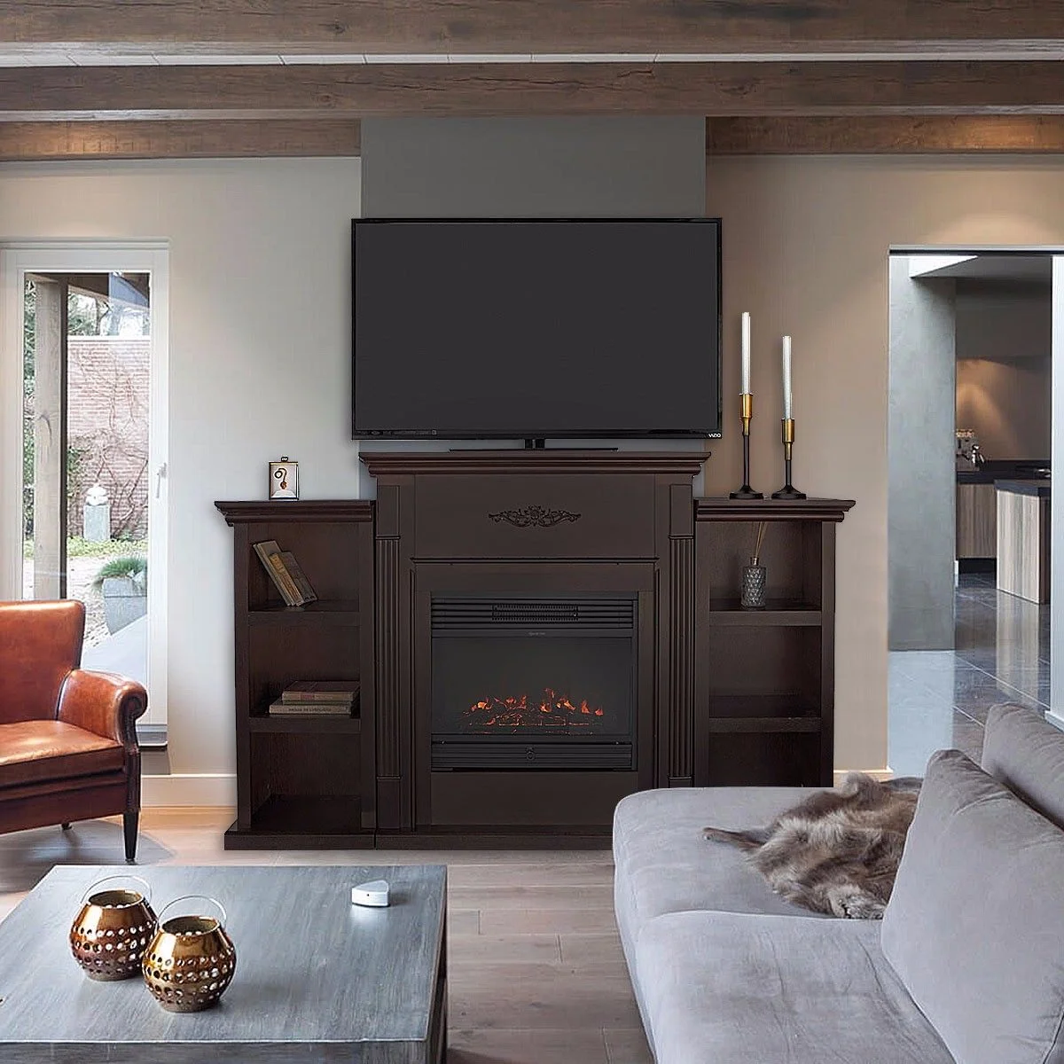 Barton 70' Media Mantel TV Stand for Insert Fireplace Bookcases Shelf (Espresso, Stand only)