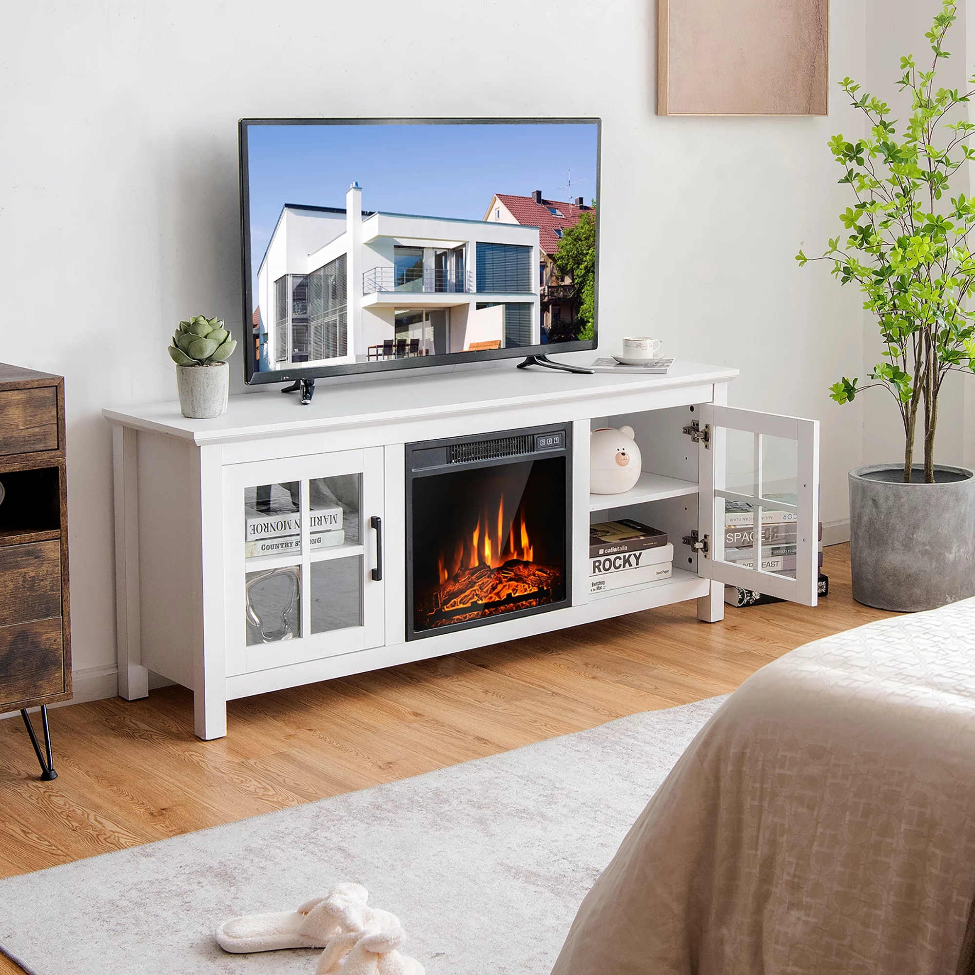 Costway 58 Inches Fireplace TV Stand for TVs up to 65 Inches W/ 1400W Electric Fireplace White