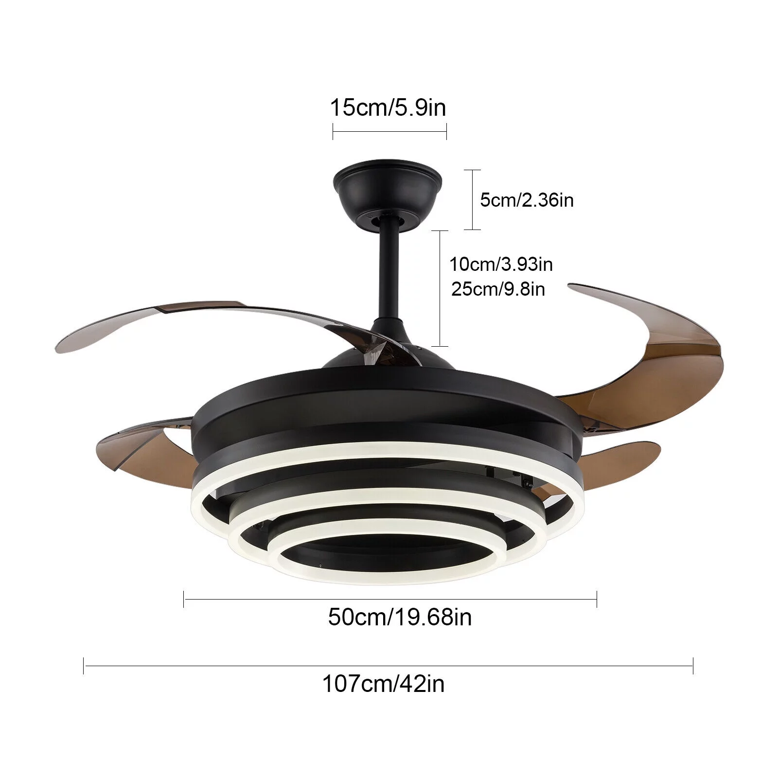 42Inch Ceiling Fan with Light 3-Color Chandelier Retractable Pendant Lamp Remote