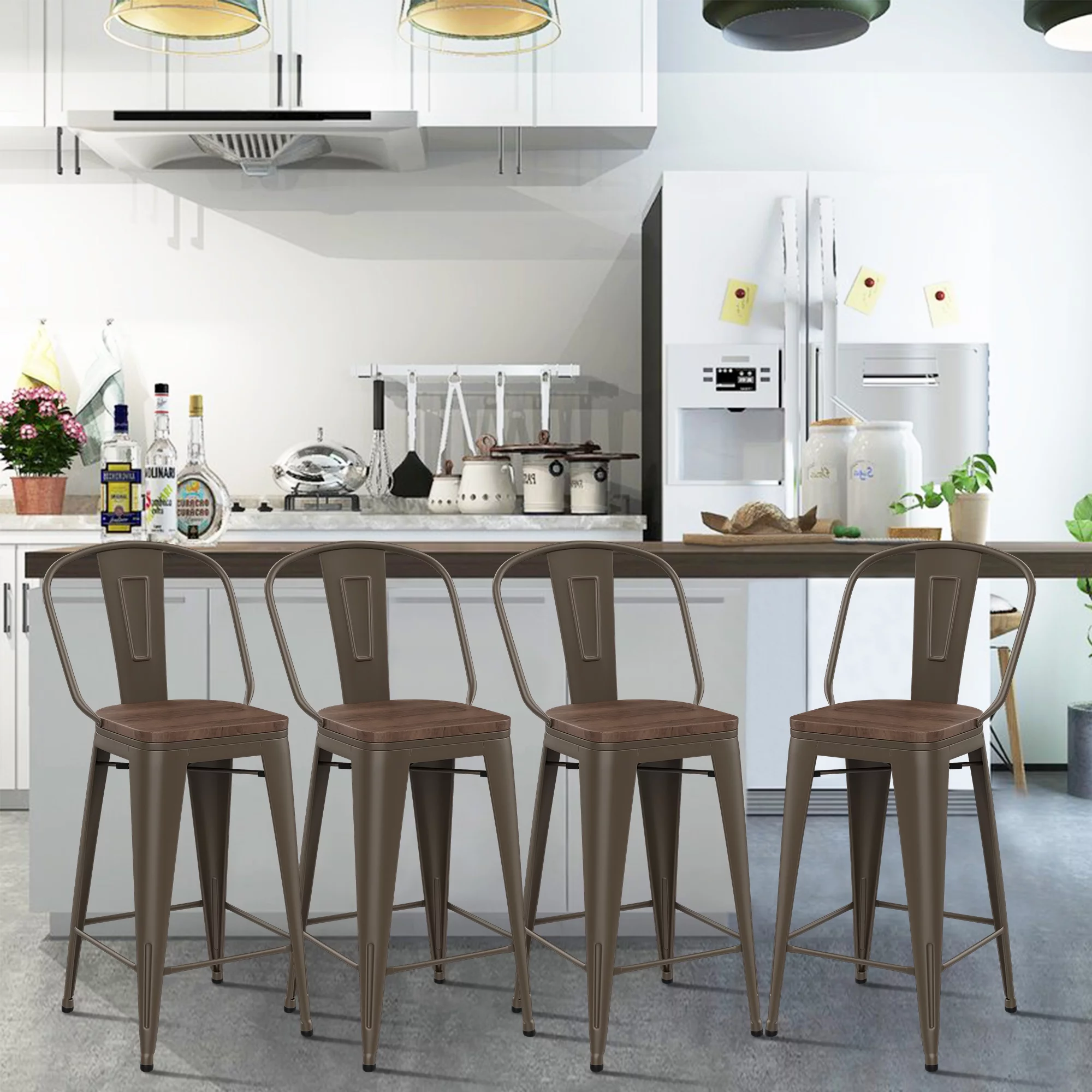 Andeworld Metal Bar Stools Set of 4 Bar Stools with Backs Counter Stools Counter Height Stools High Back Bar Chairs 30 Inch Rusty