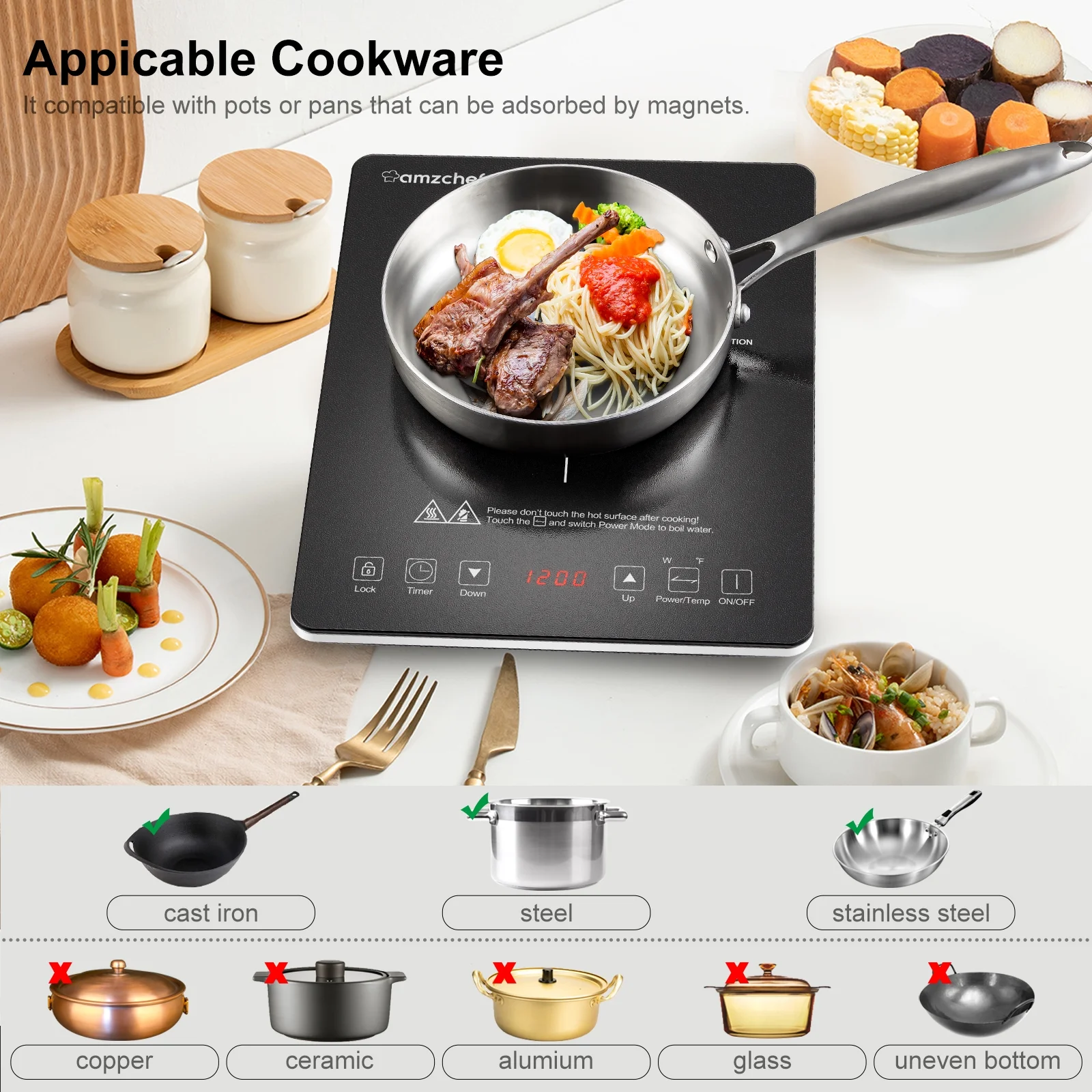 AMZCHEF Portable Induction Cooktop 1800W Sensor Touch, 8 Power Settings & 180min Timer for Cooking, Black Crystal Glass Surface with LED Display
