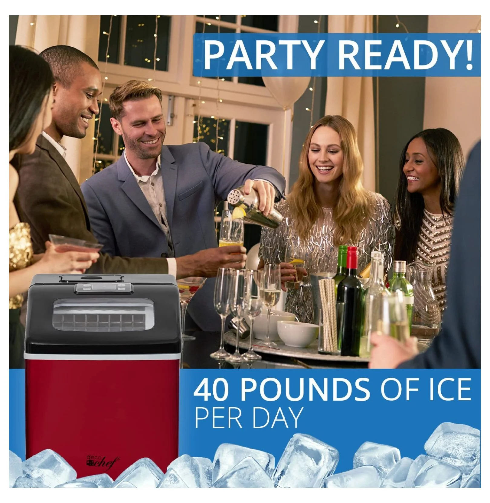 Countertop Ice Maker 40LB/24H, 24 Full Cubes Every 15 Minutes, Adjustable Size, Digital Control and Timer, Self-Cleaning, Included, Red