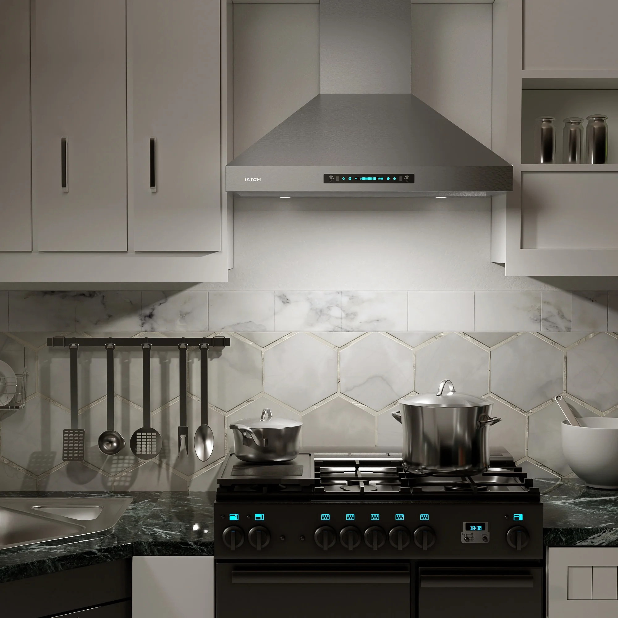 IKTCH 36 inch range hood Wall Mount 900 CFM Ducted/Ductless Convertible, Kitchen Chimney Vent Stainless Steel with Gesture Sensing & Touch Control Switch Panel, 4 Pcs Adjustable Lights(IKP04-36)