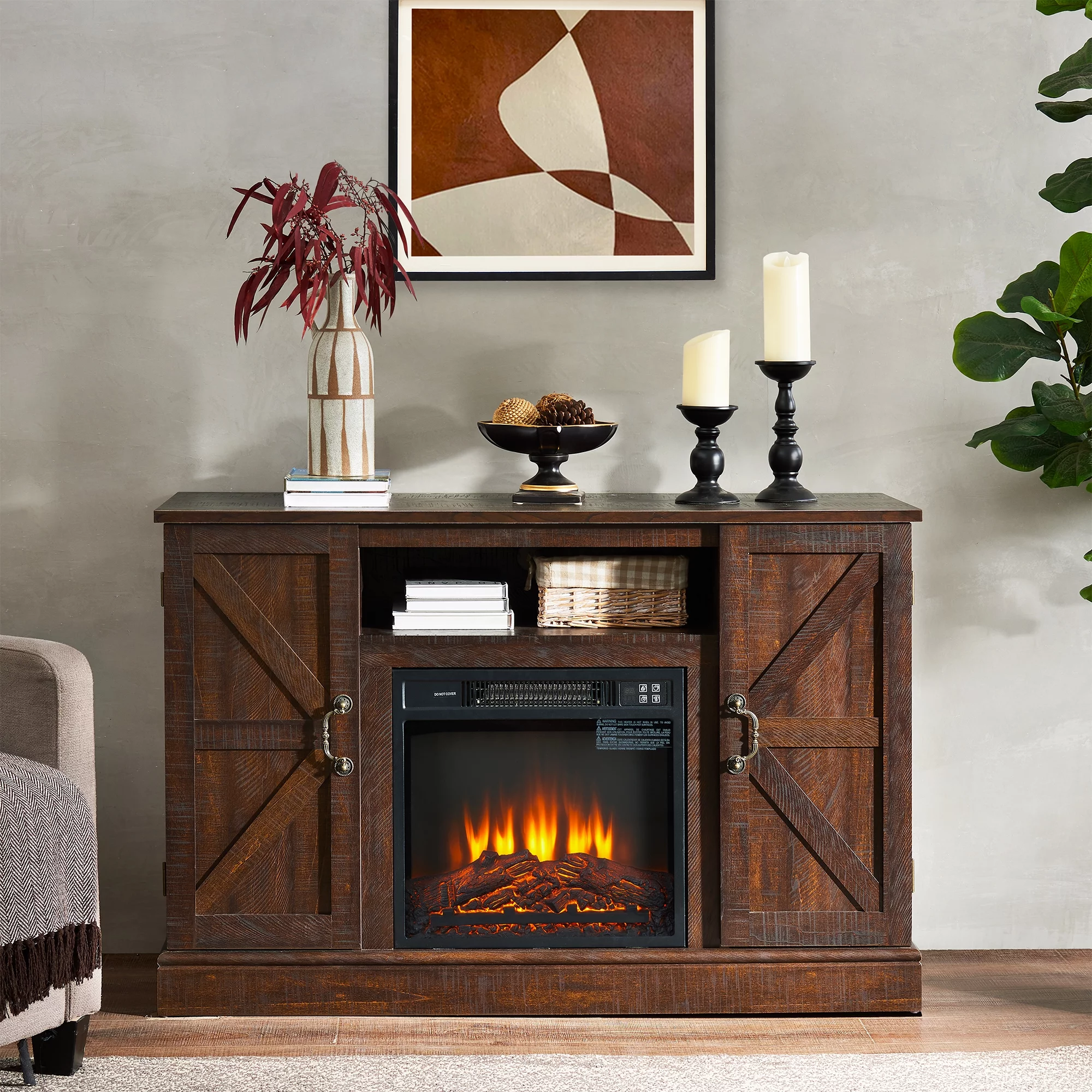 Entertainment Center with Fireplace, Seizeen Electric Fireplace TV Stand for 55' TV, 2-IN-1 TV Console Table with Adjustable Fireplace & Virtual Flame, Farmhouse TV Stand with Storage and Shelf, Brown