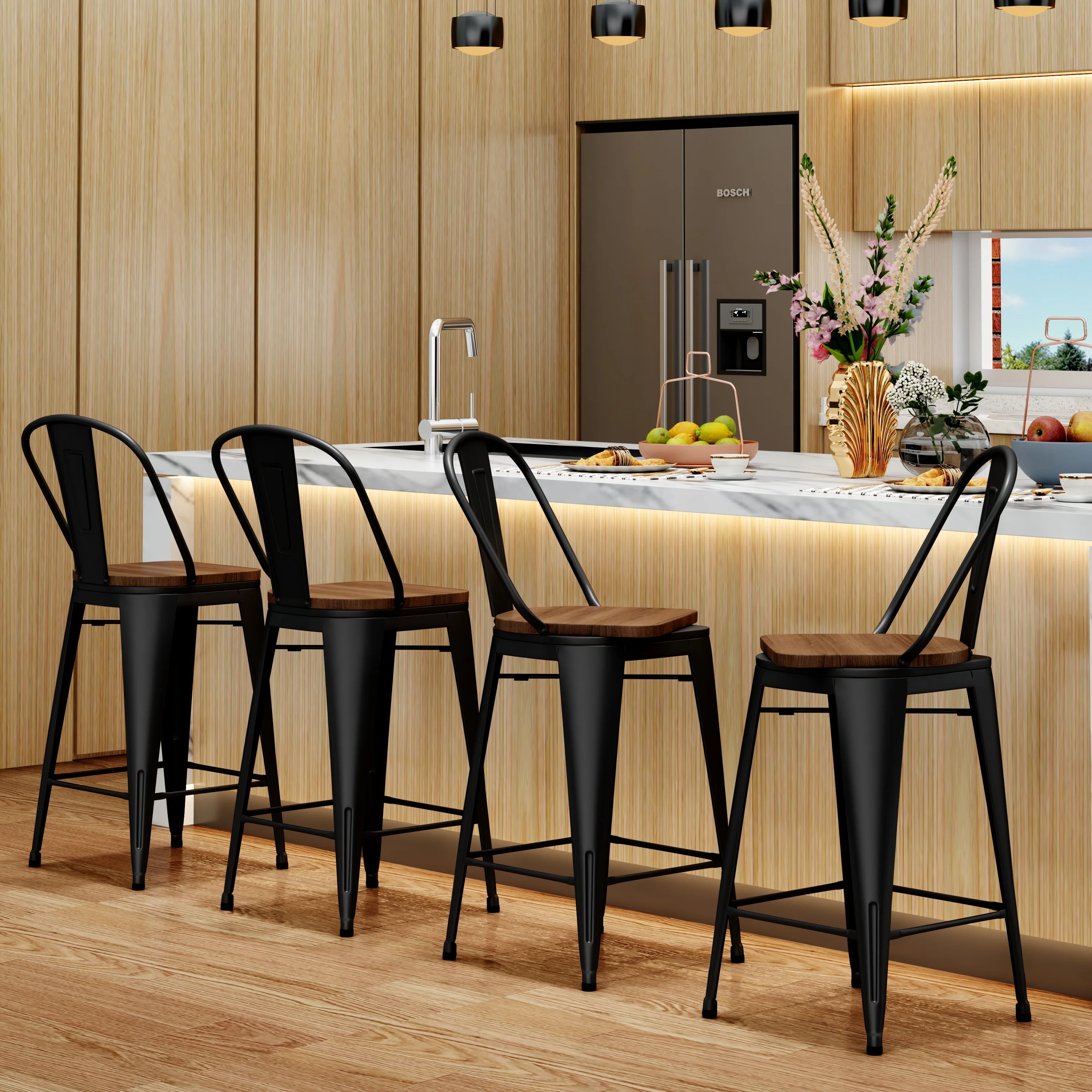 Andeworld Swivel Metal Bar Stools Set of 4 Counter Height Stools Counter Bar Stools with Back Swivel Metal Bar Chairs Wooded Seat 30 Inch Matte Black