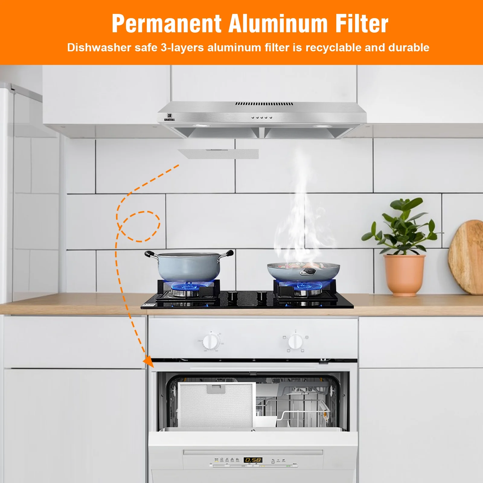 GRACEALL Under Cabinet Range Hood 30 Inch Oven Vent Hood, Ducted/Ductless Convertible Kitchen Extractor, Stove Exhaust Fan with Reusable Aluminum Filters, Charcoal Filter and Foil Pipe Included