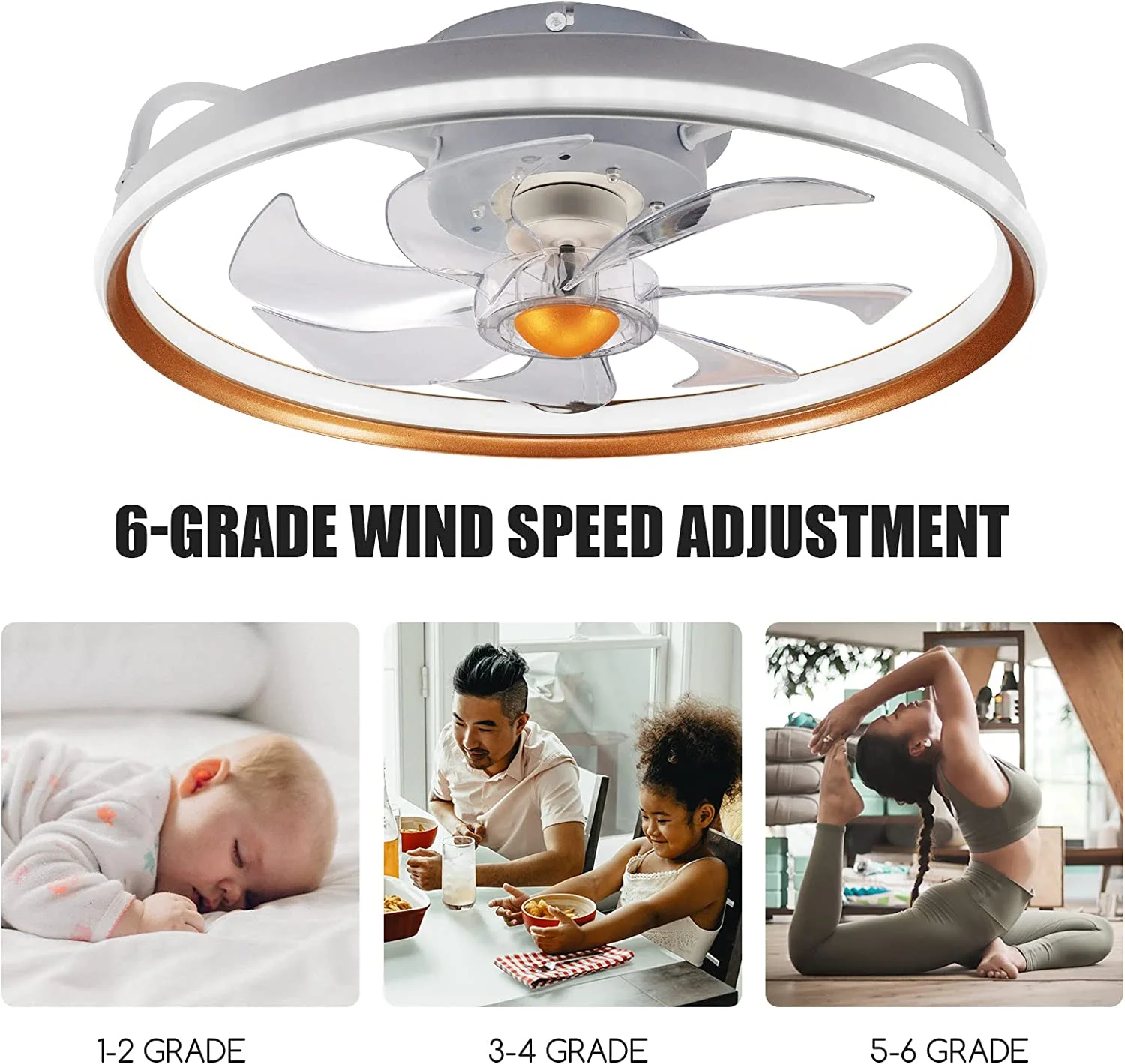 JahyShow Ceiling Fan Light with Remote Low Profile Enclosed Ceiling Fan 3 Light Color and 6 Speeds&Timer for Home Bedroom Living (GRAY)
