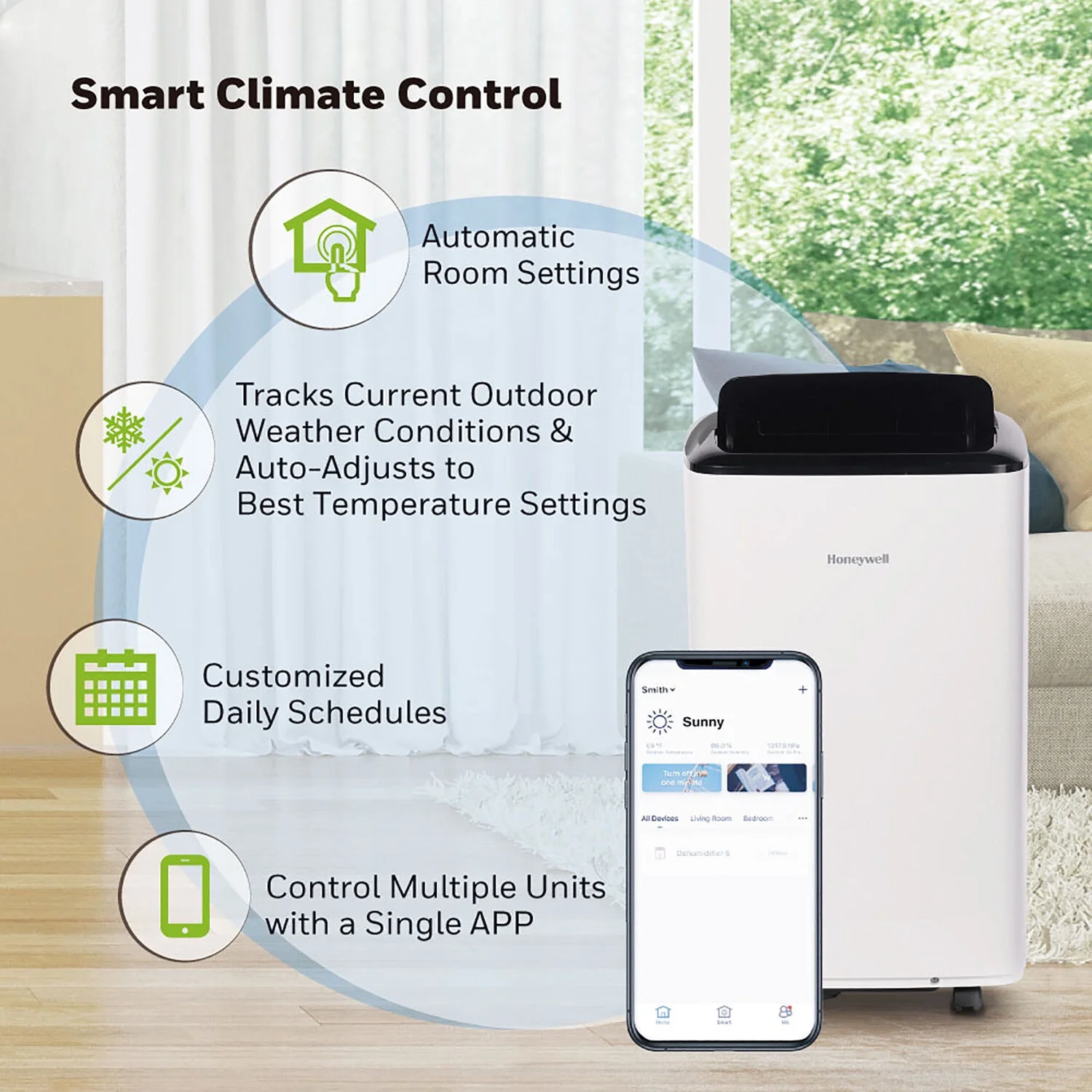Honeywell 6500 BTU (10000 AHRAE) Portable Air Conditioner & Dehumidifier with Wifi, 450 Sq. ft., White,HF0CESVWK6