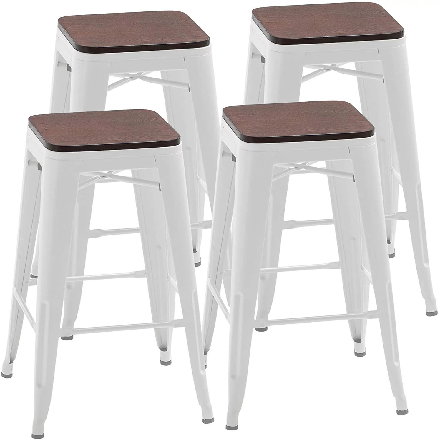 Andeworld 24' Metal Bar Stools Set of 4 Industrial Backless Counter Height Barstools Kitchen Stool Stackable with Wooden Seat- White