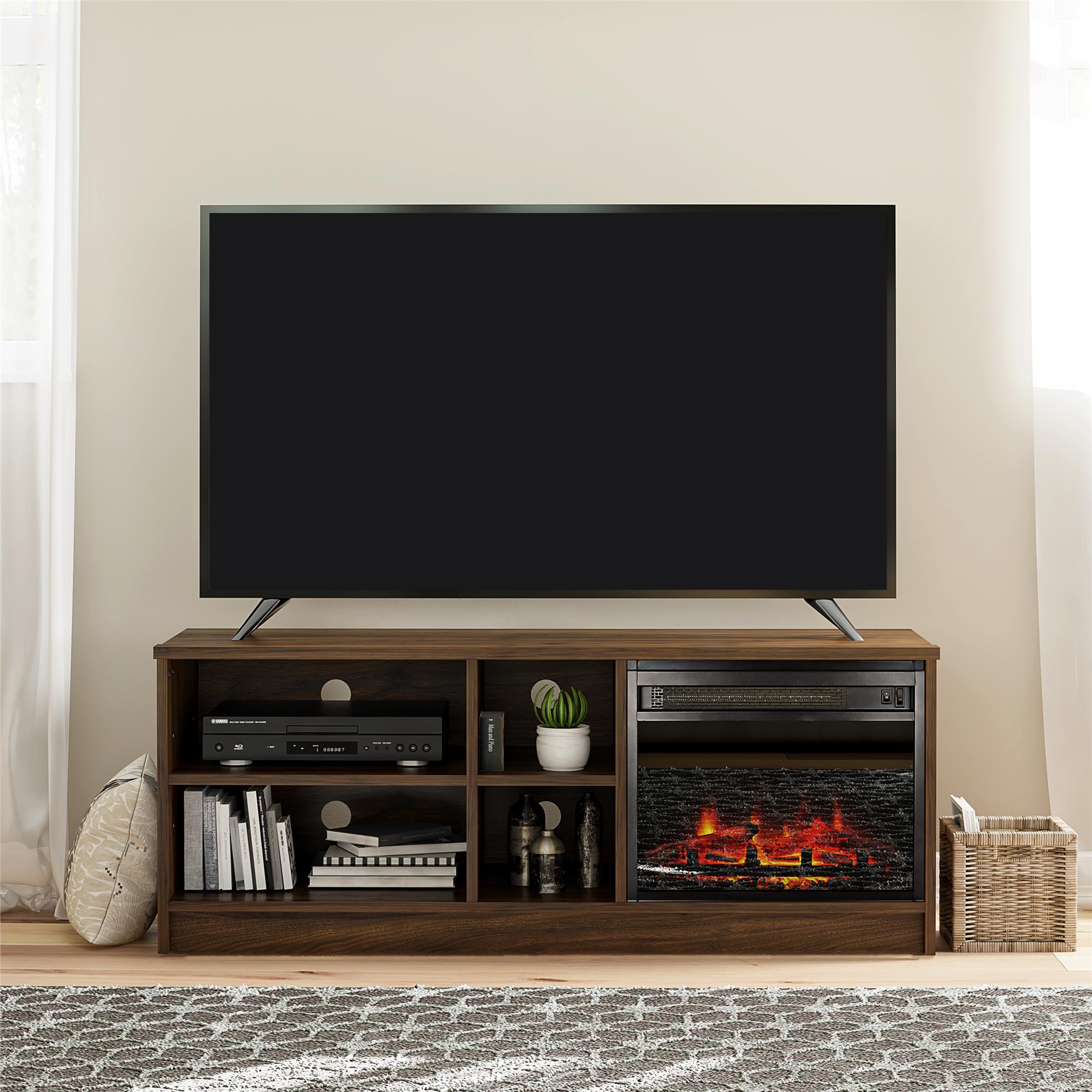 Ameriwood Home Namar Asymmetrical 55' TV Stand with Electric Fireplace Insert and 4 Shelves, Walnut