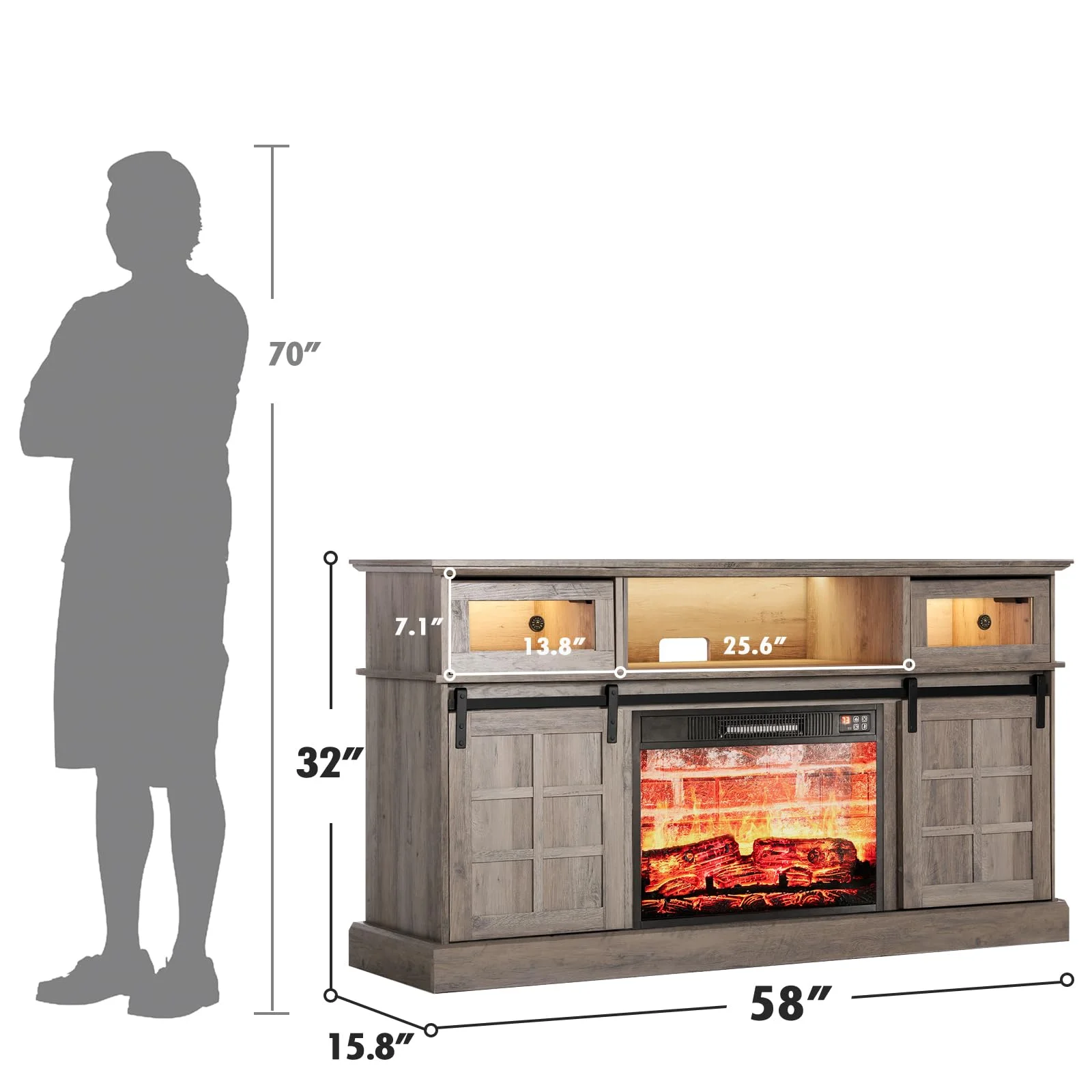 Fireplace TV Stand for 65' TV with LED Lights, Modern Wood Entertainment Center with 23' Electric Fireplace with Sliding Barn Door for Living Room, Gray