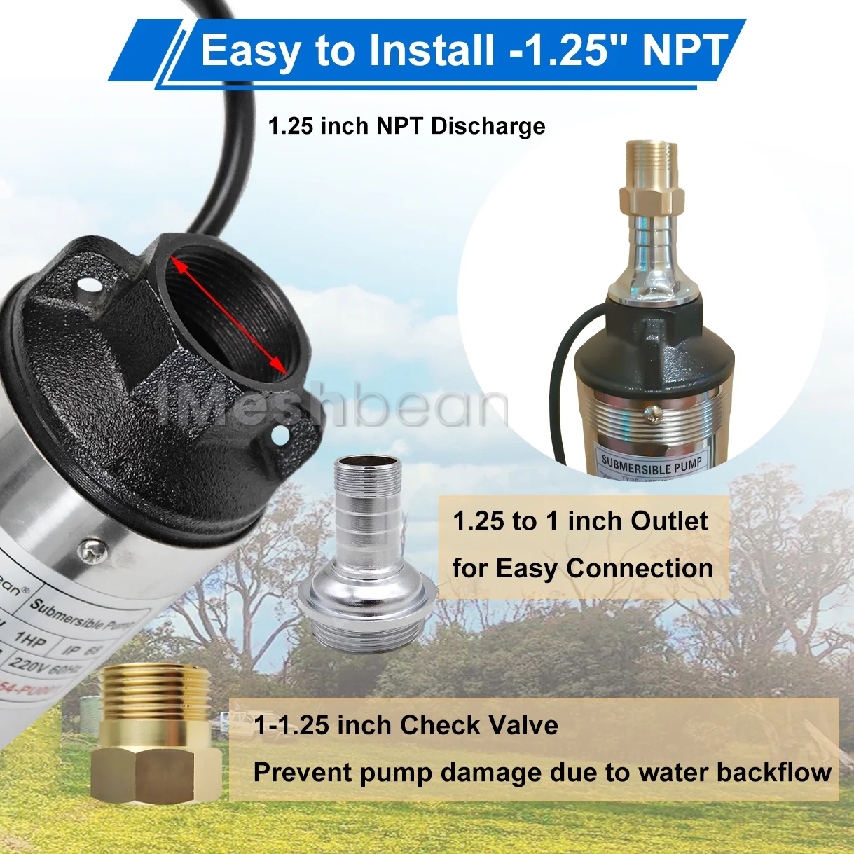 iMeshbean Deep Submersible Well Pump 1 HP Submersible Well Pump 220V 33GPM Water Pump 207ft Head with 33ft Electric Cable Stainless Steel Water Well Pumps Submersible for Irrigation Use