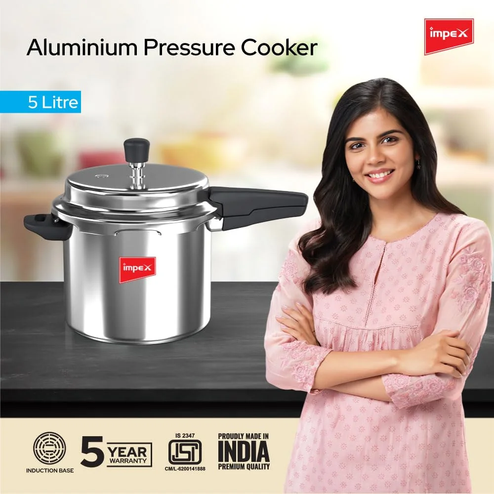Impex 5 Litre Pressure Cooker Induction Base With Outer Lid, Pressure Cooker With Quick And Even Heating, Virgin Grade Aluminium Pressure Cooker, 5 Years Warranty (Silver