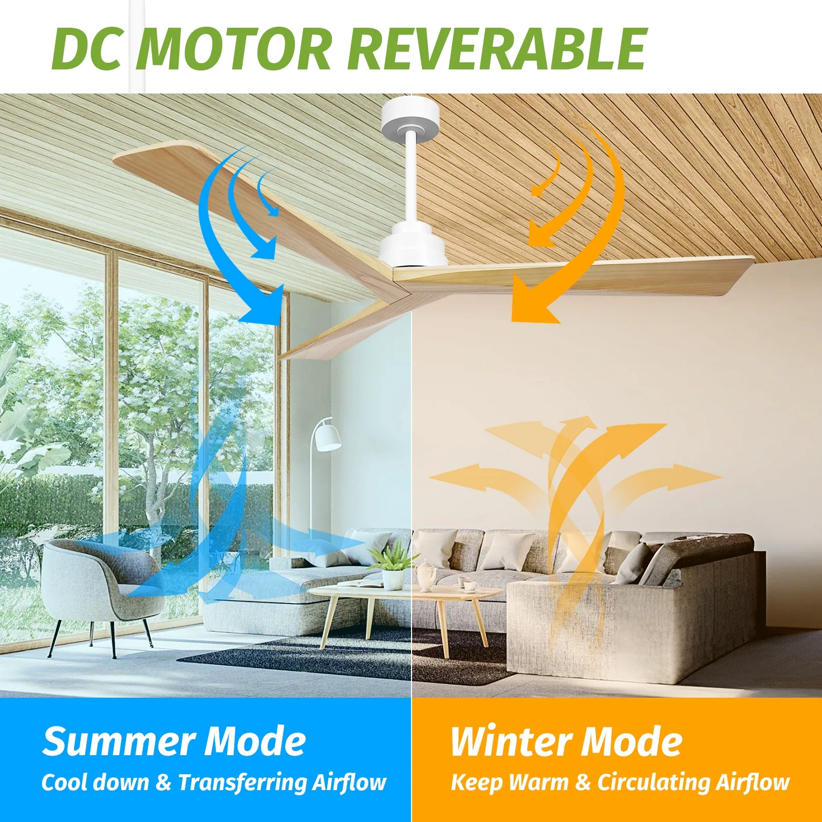 KAPOEFAN 60inch Ceiling Fan Without Light, Wood Ceiling Fan no Light with Remote,6 Speeds, 8H Timer, Outdoor Indoor Wooden Fan for Farmhouse Patio