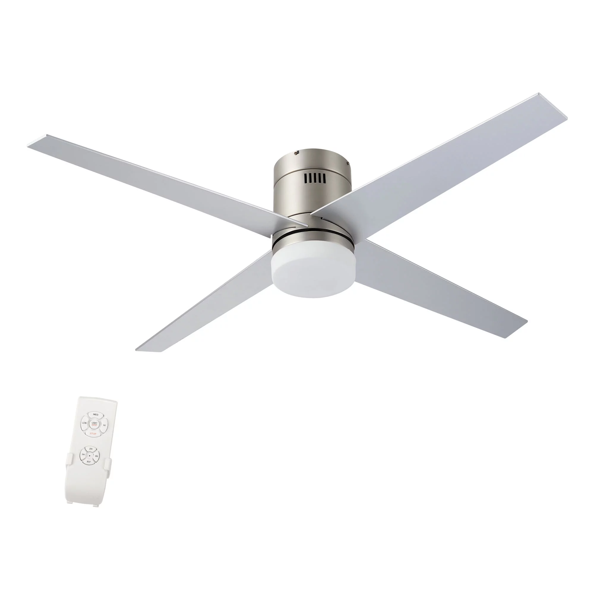 52' Modern Ceiling Fan with LED Lights and Remote, Indoor Low Profile Flush Mount Ceiling Fans for Bedroom, Living Room, Brushed Nickel Finish and 4 Reversible Plywood Blades in Cherry & Silver