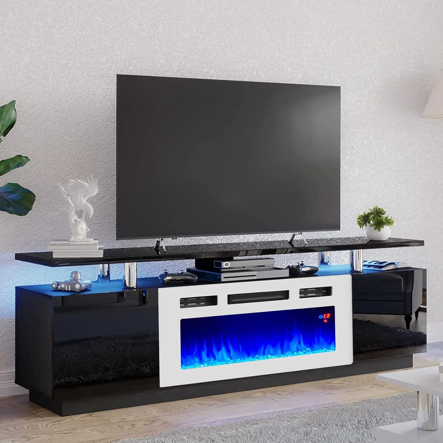 AMERLIFE Fireplace TV Stand with 36'Fireplace,70' Modern High Gloss Entertainment Center LED Lights for 80 Inch TV, Black & White