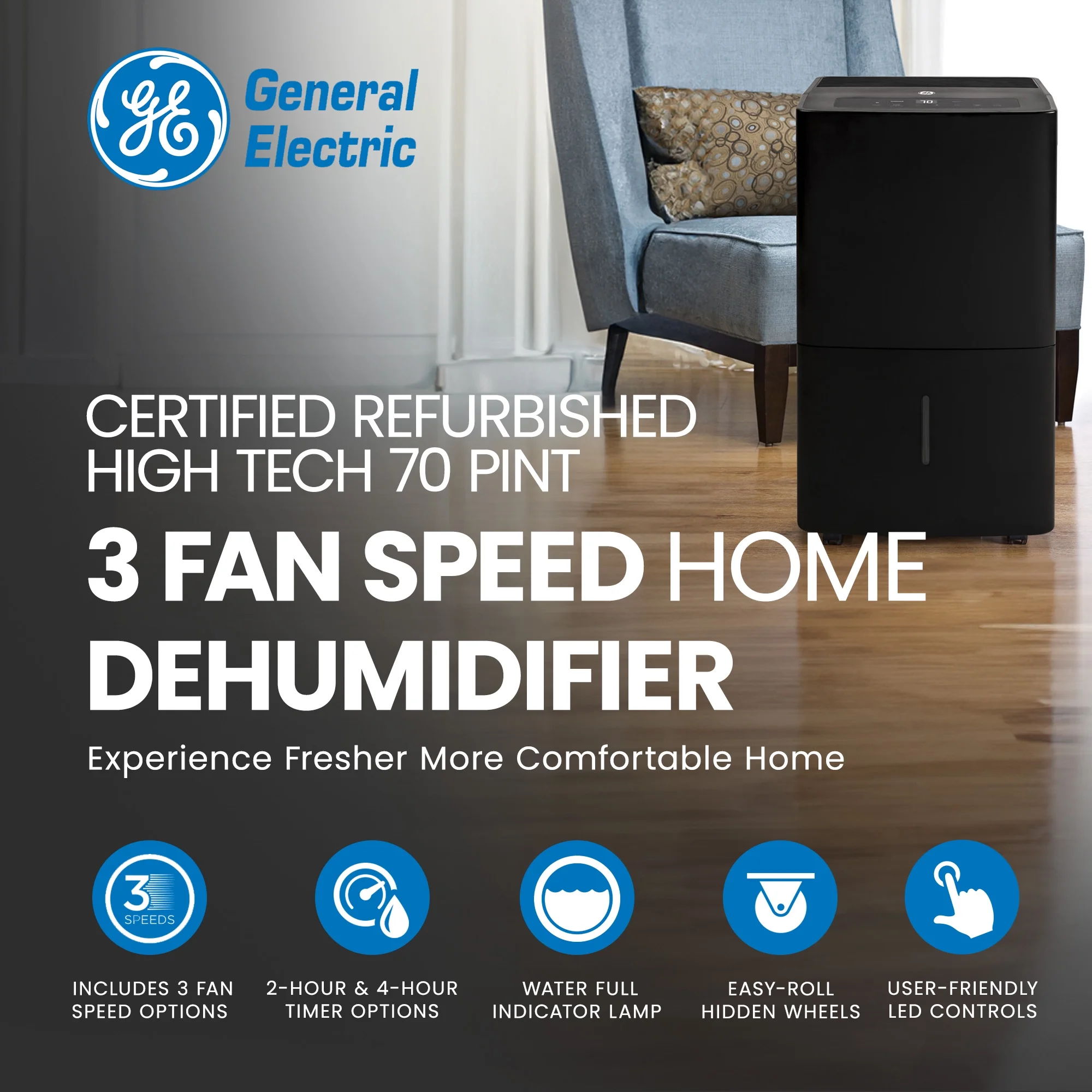 GE Certified Refurbished High Tech 70 Pint 3 Fan Speed Home Dehumidifier
