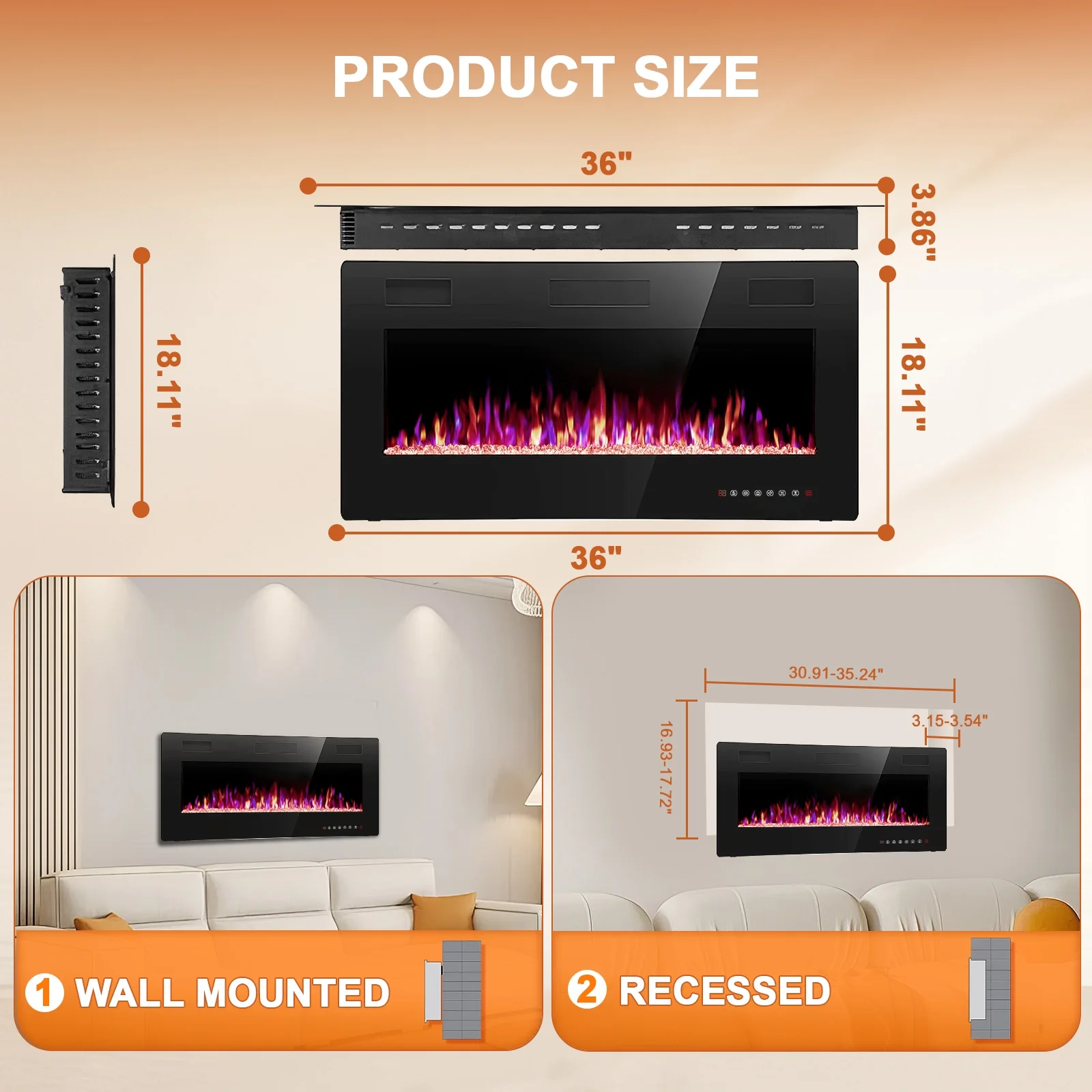 KISSAIR 36'' 1500W Wall Mounted Recessed Electric Fireplace,12 Flame Color Modes,Touch Screen & Remote Control,Ultra Thin & Low Noise