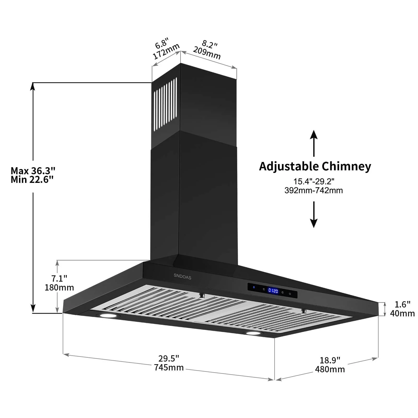 30 inch Wall Mount Range Hood Stainless Steel 350 Cfm Cooking Stove Vented LED Lamp 3 Speed Black