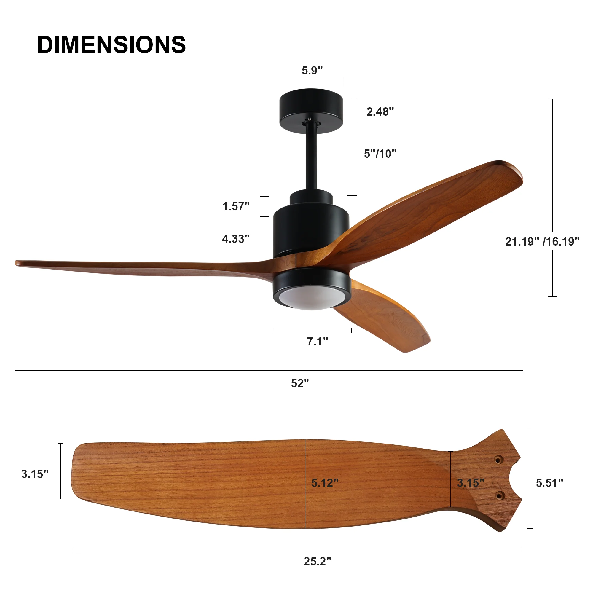 KAPOEFAN 52inch Downrod Ceiling Fan with Lights and Remote,3 Blades Solid Wooden,Noiseless DC Motor for Indoor/Outdoor,living Room