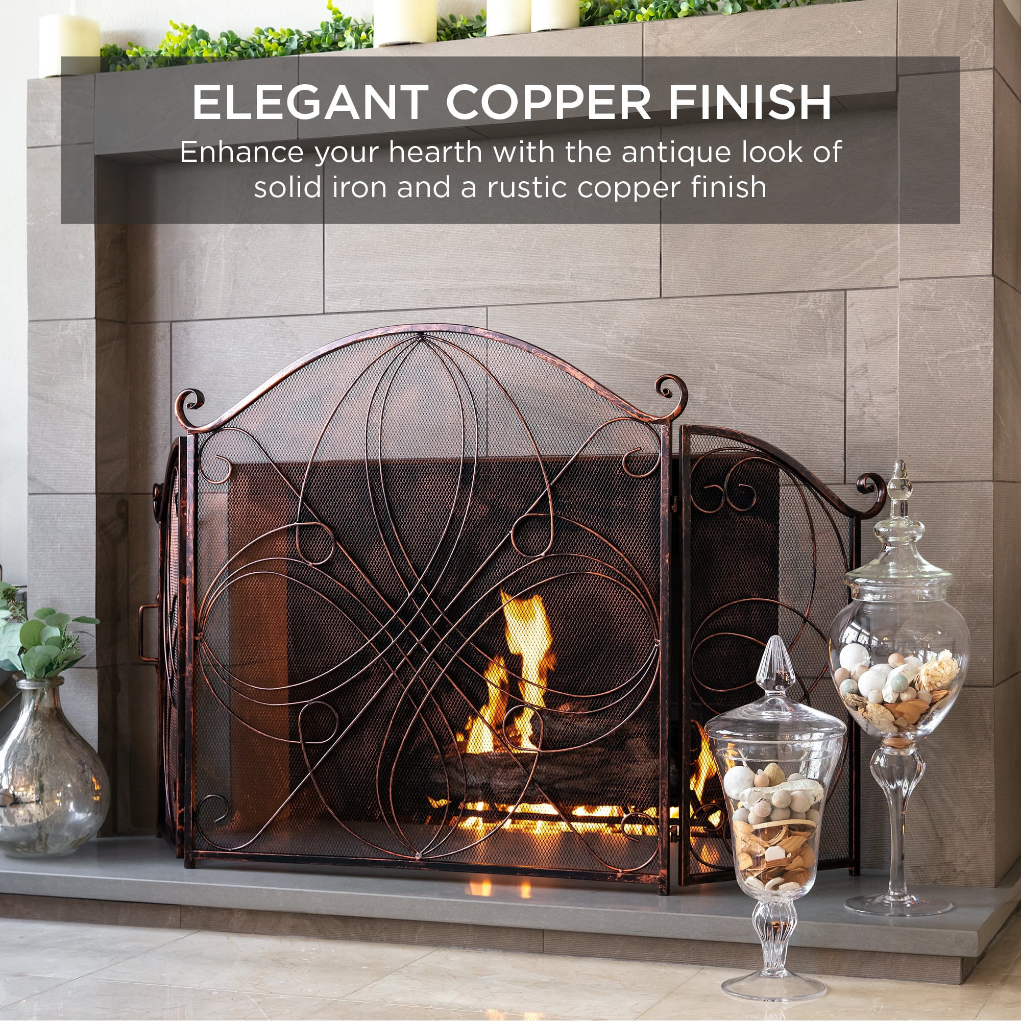 Best Choice Products 3-Panel 55x33in Wrought Iron Fireplace Safety Screen Decorative Scroll Spark Guard Cover - Copper